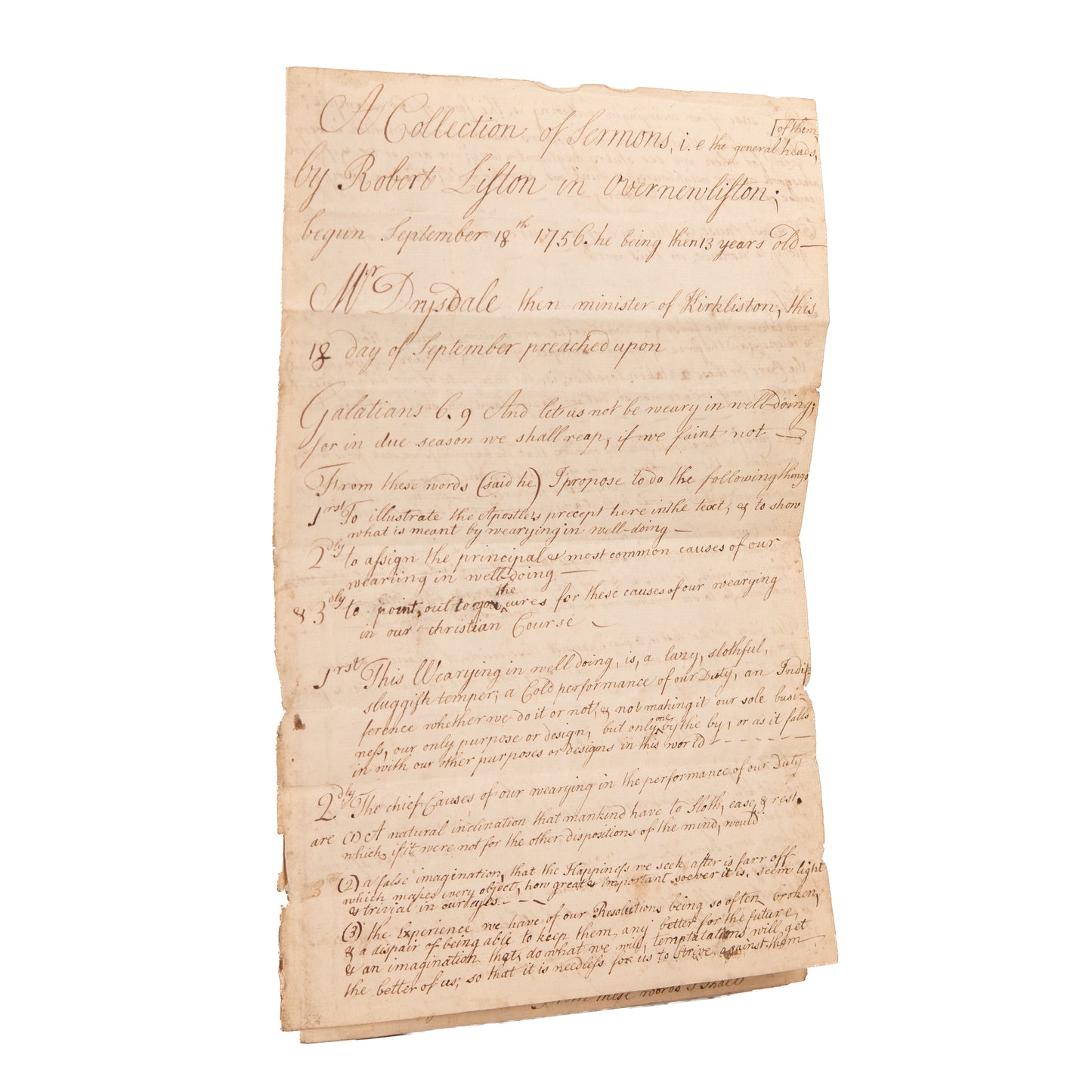 1756 ROBERT LISTON. 13 Year Old Future Ambassador to George Washington Takes Sermon Notes.