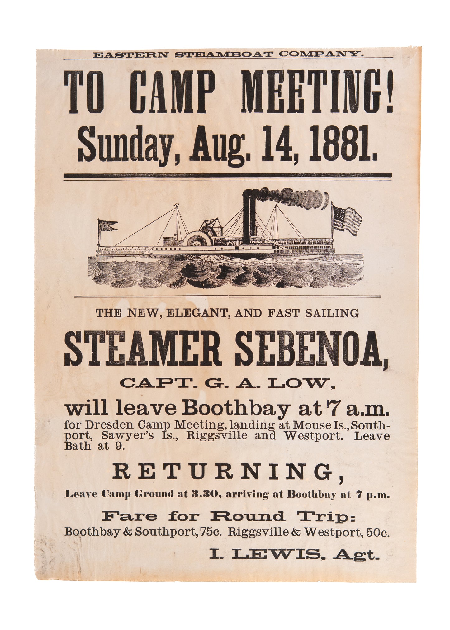 1881 CAMP MEETING. Rare Steamboat Broadside for Travelers to Methodist Camp Meetings in Maine.