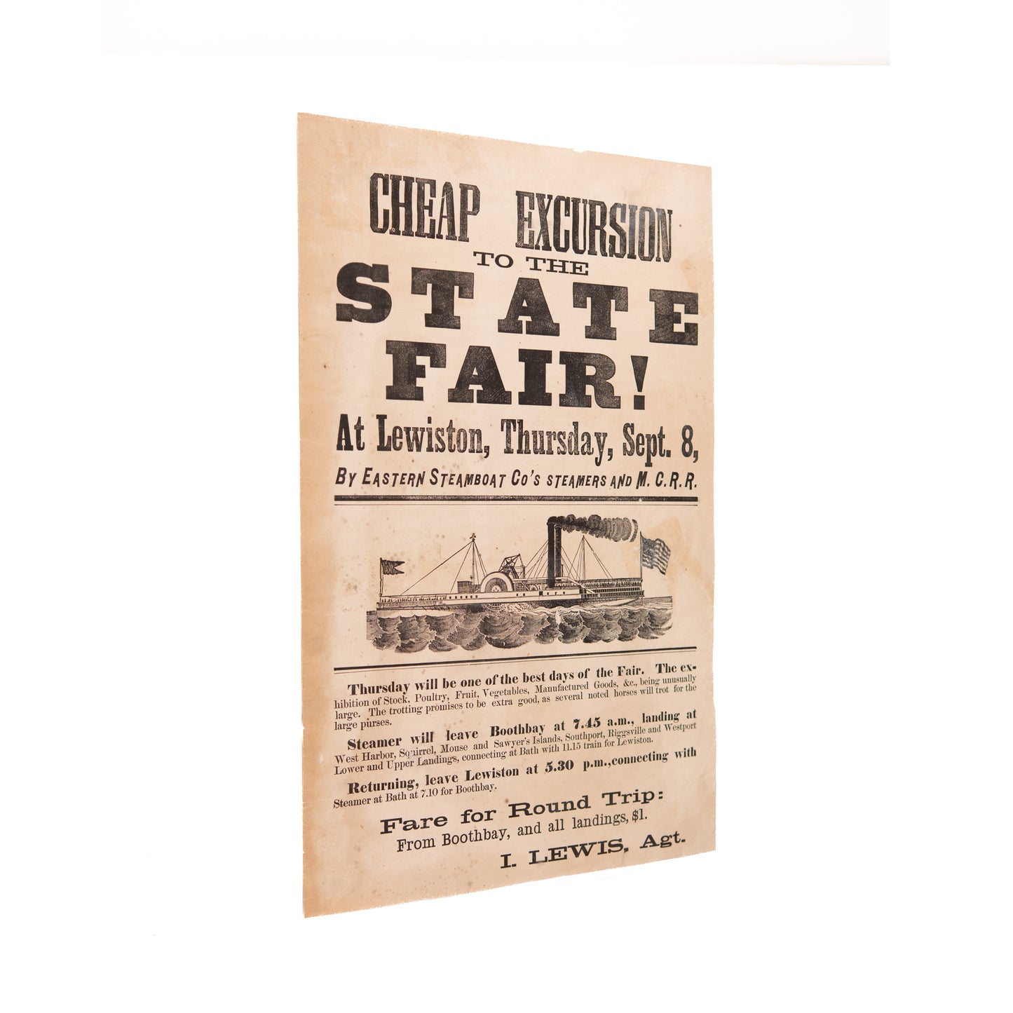 1881 MAINE STATE FAIR. Superb Broadside for Steamboat Travel to the Maine State Fair.
