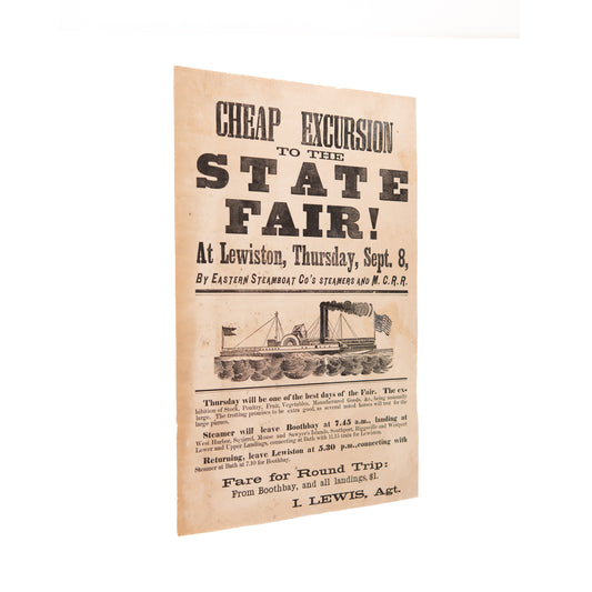 1881 MAINE STATE FAIR. Superb Broadside for Steamboat Travel to the Maine State Fair.