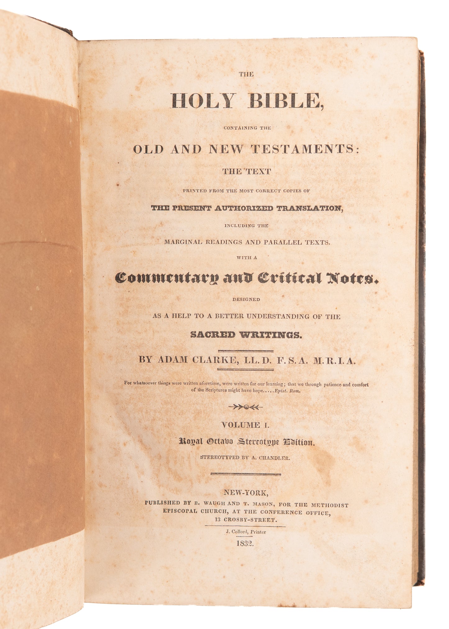 1832 ADAM CLARKE. Methodist Commentary on the Bible, Complete in Six Leather Volumes.