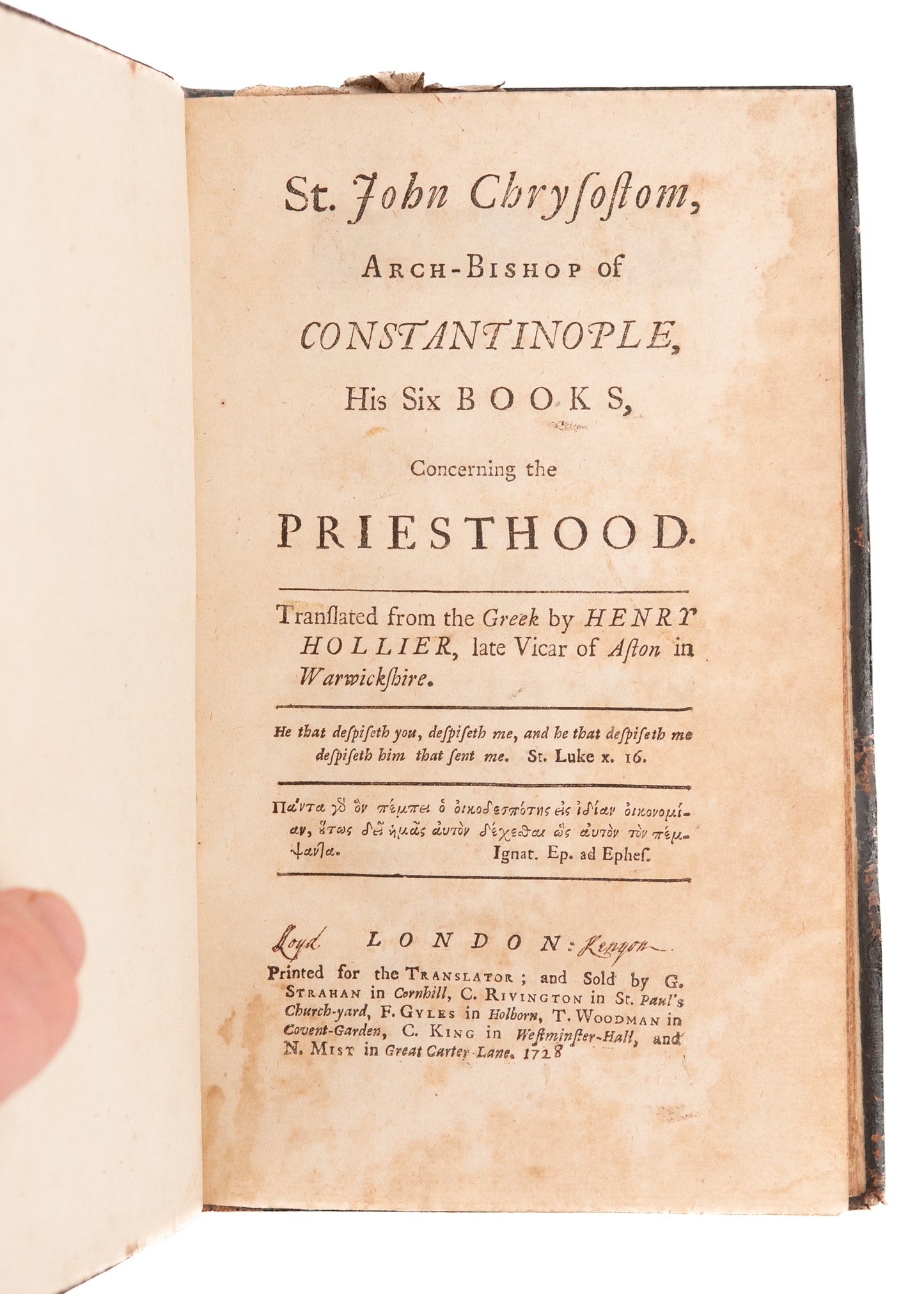 1728 ST. JOHN CHRYSOSTOM. Church Father on Being a Faithful Minister. Superb Period Marginal Notes.