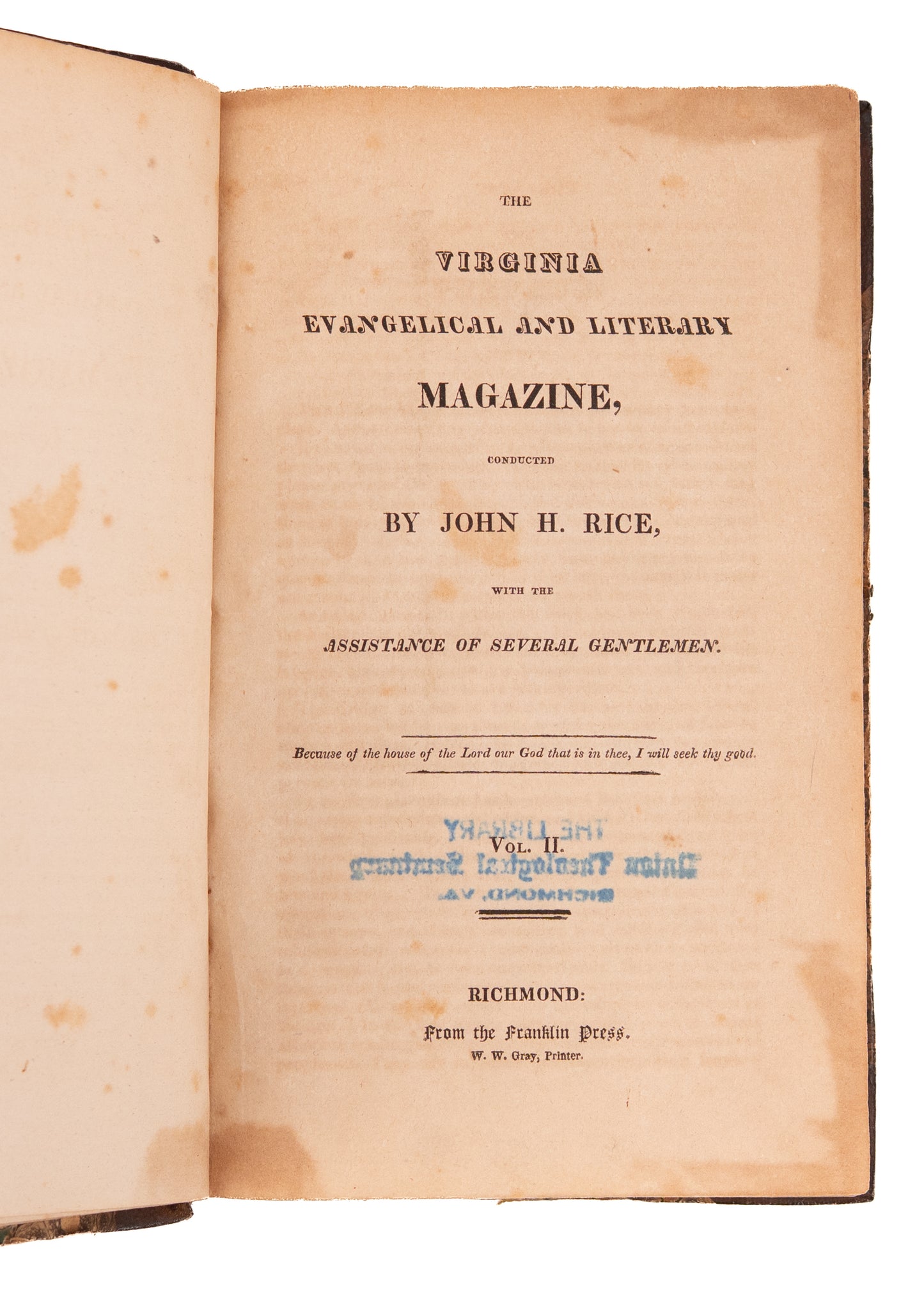 1819 VIRGINIA PRESBYTERIAN MAG. Revivalism, Southern Presbyterians and Slavery, Native Americans.