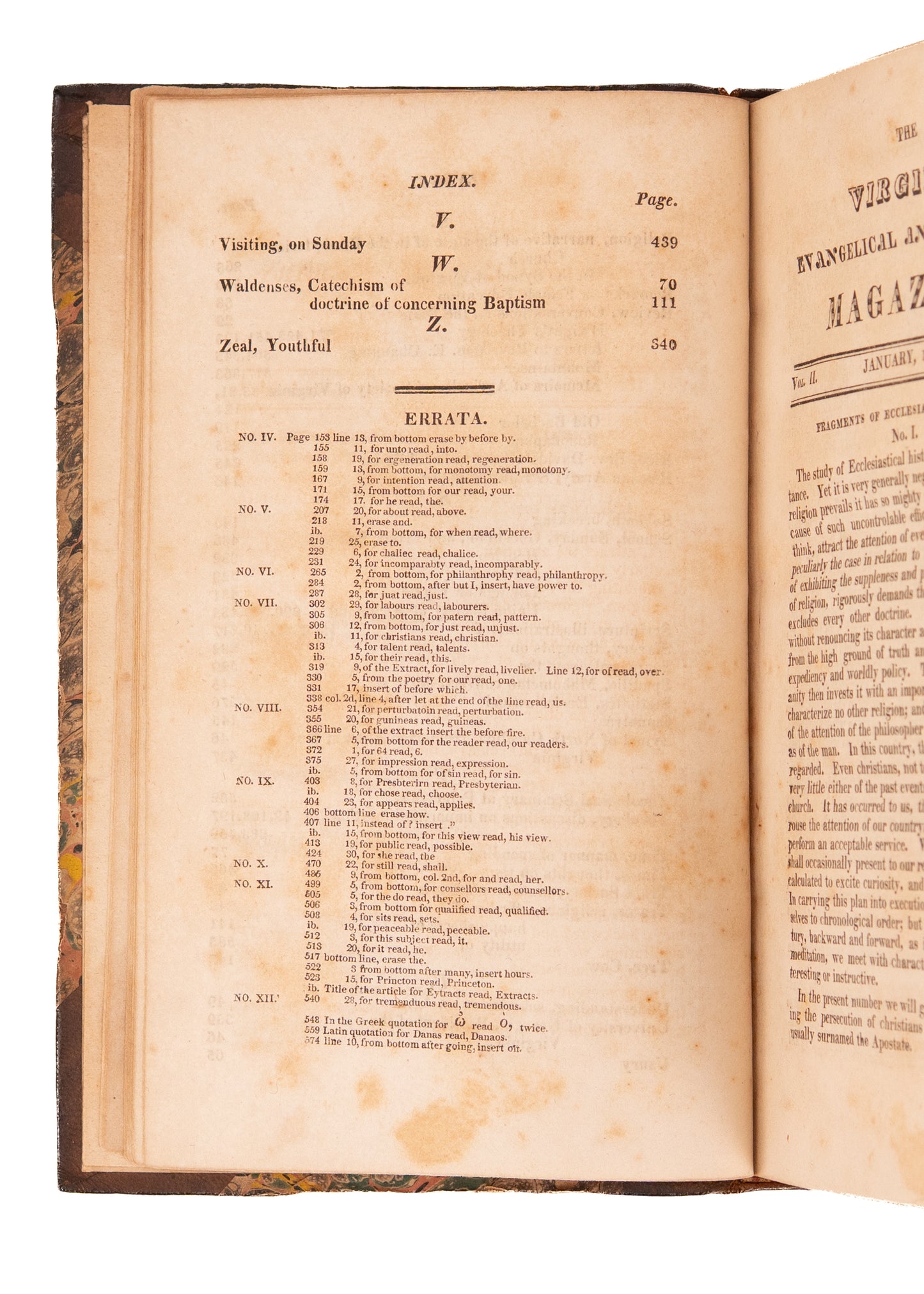 1819 VIRGINIA PRESBYTERIAN MAG. Revivalism, Southern Presbyterians and Slavery, Native Americans.