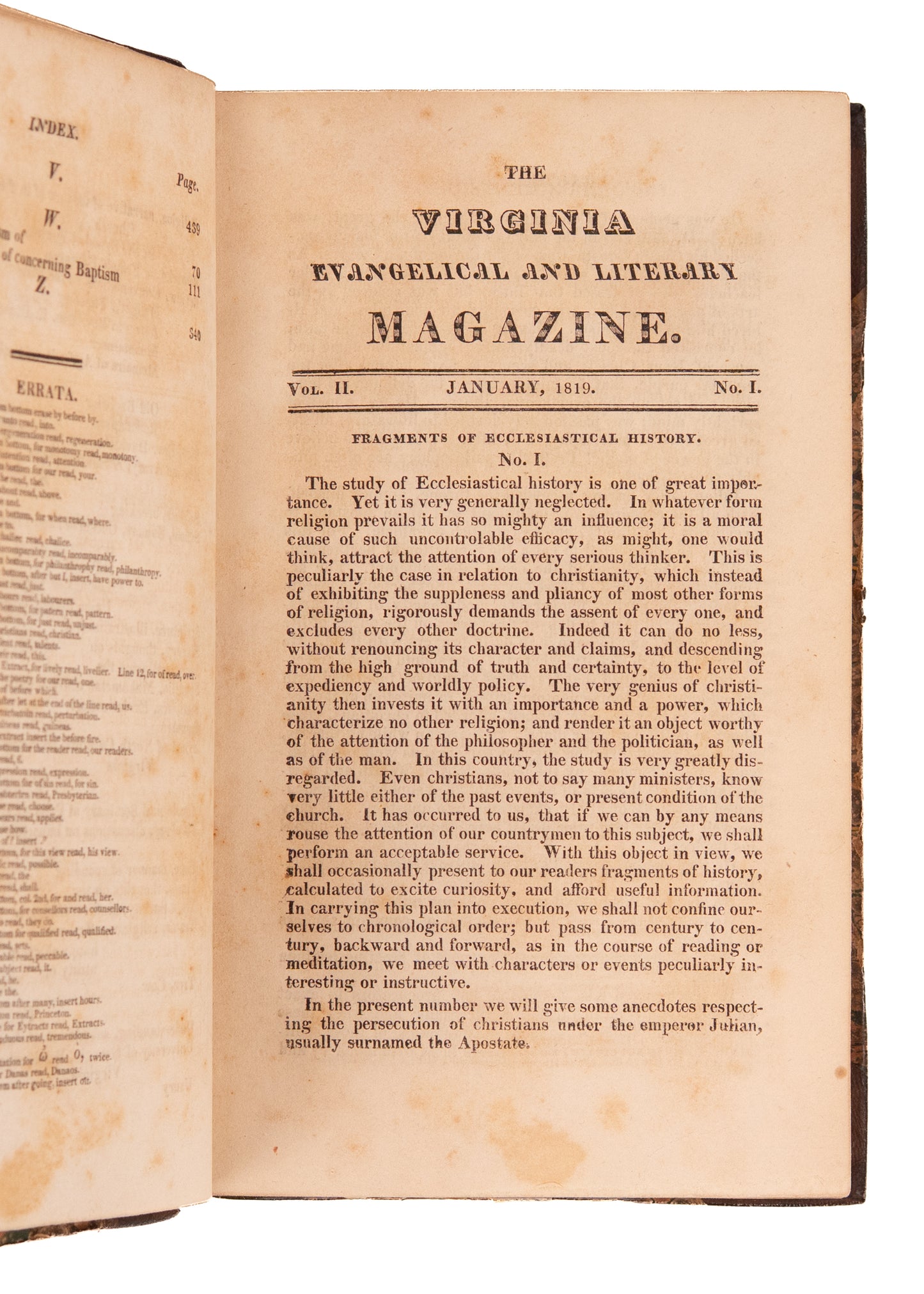 1819 VIRGINIA PRESBYTERIAN MAG. Revivalism, Southern Presbyterians and Slavery, Native Americans.