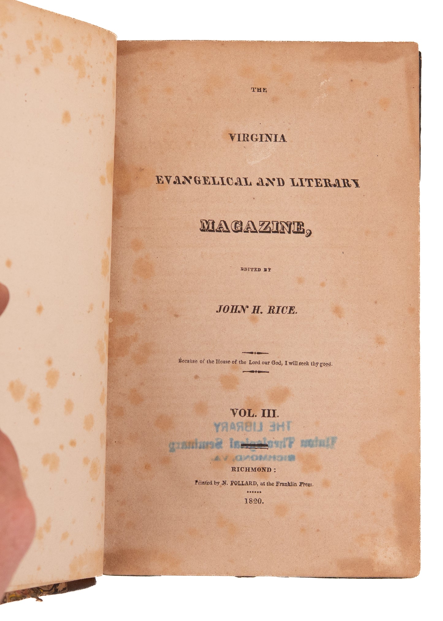 1820 VIRGINIA PRESBYTERIAN MAG. Revivals, Southern Presbyterians and Slavery, Native American Rights.