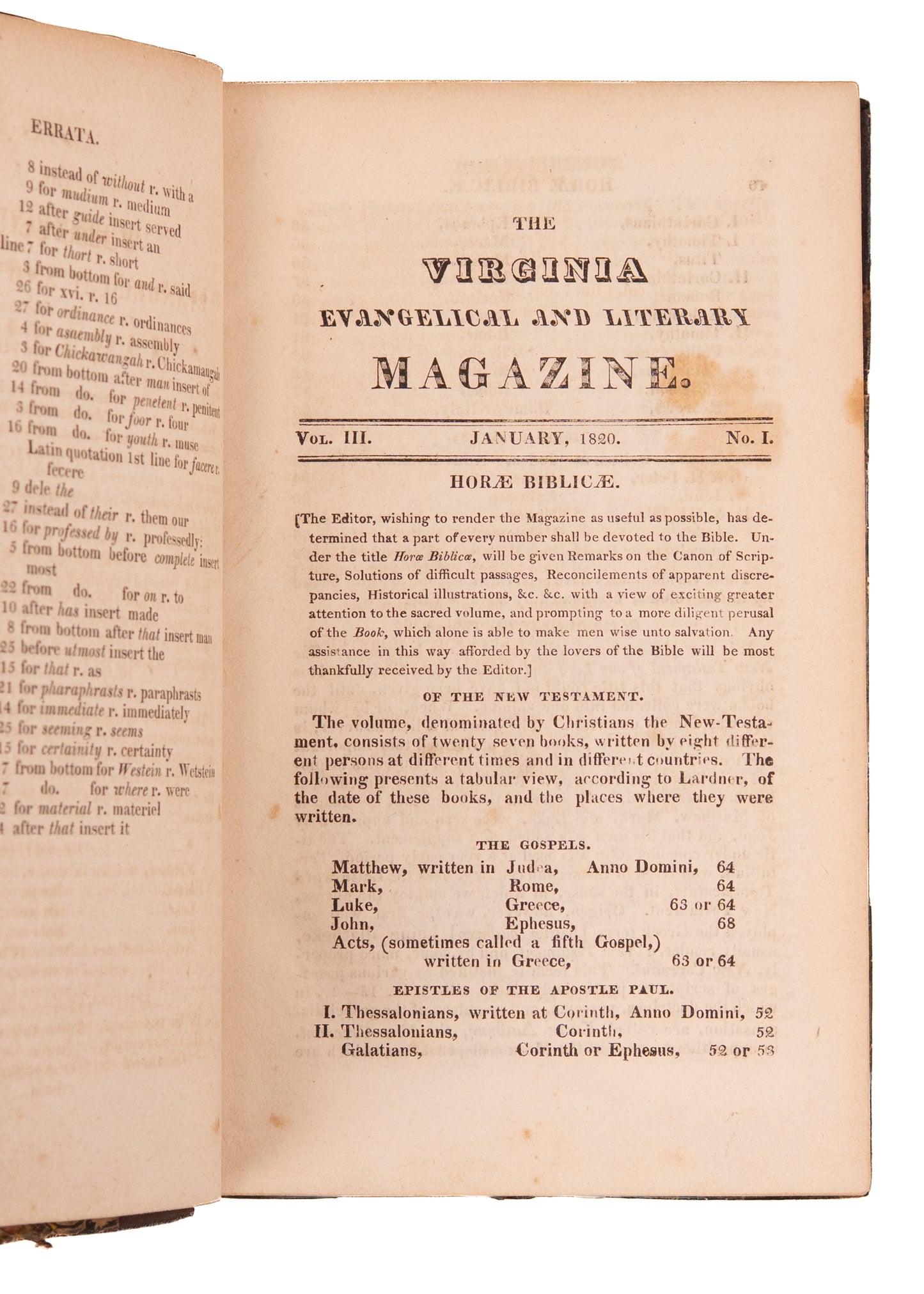 1820 VIRGINIA PRESBYTERIAN MAG. Revivals, Southern Presbyterians and Slavery, Native American Rights.
