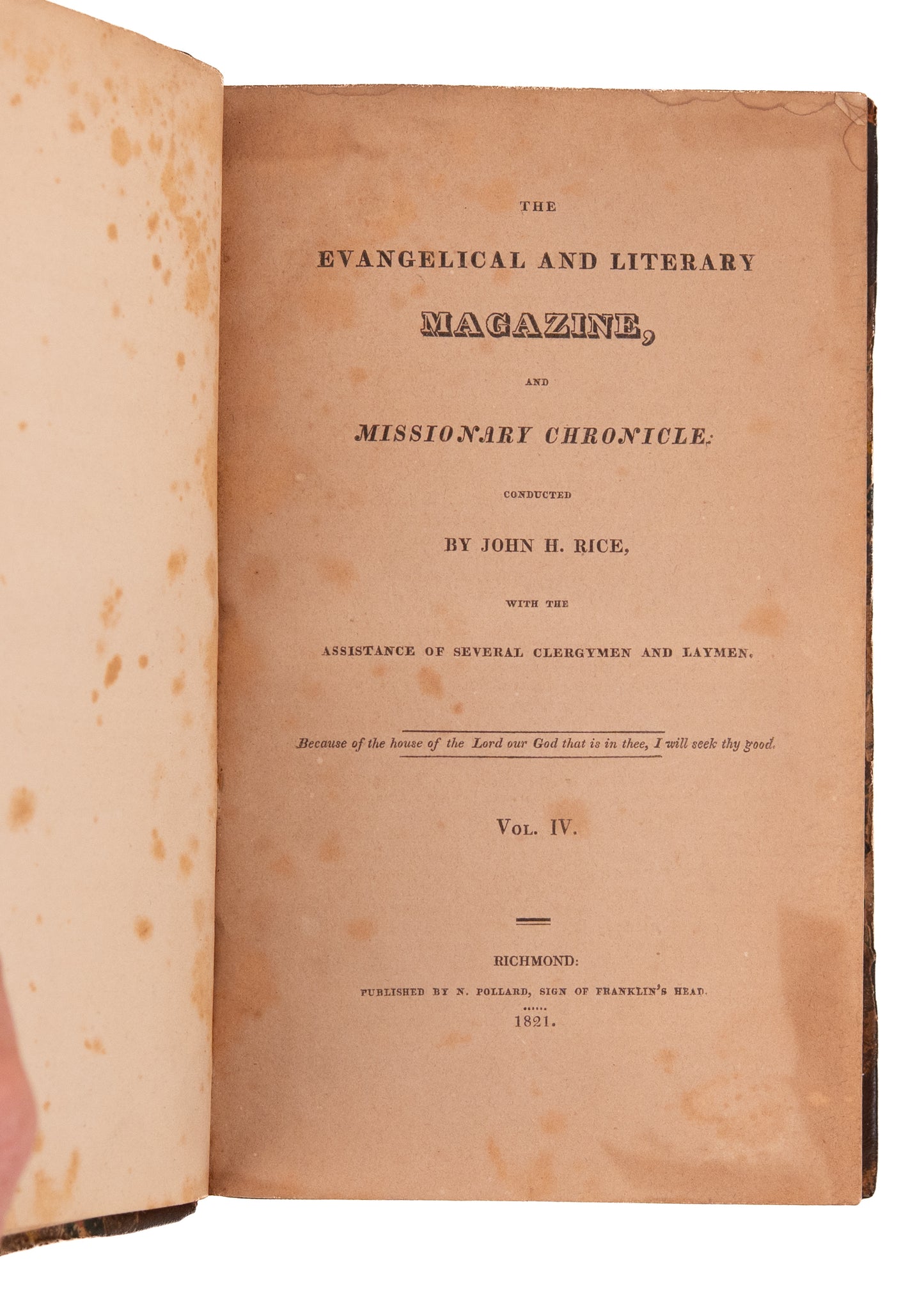 1821 VIRGINIA PRESBYTERIAN MAG. Revivalism, Southern Presbyterians and Slavery, Native Americans.