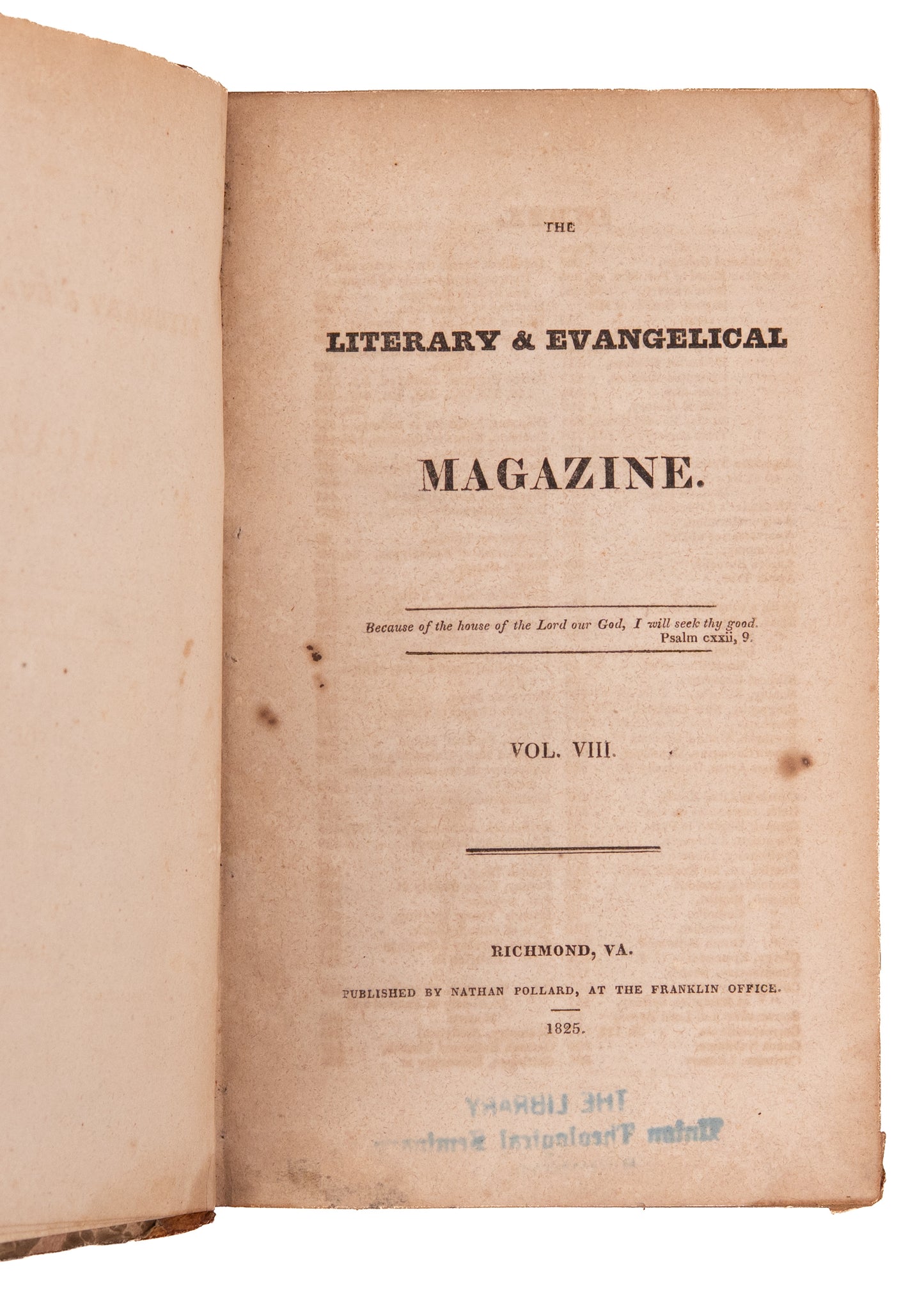 1825 VIRGINIA PRESBYTERIAN MAG. Revivalism, Southern Presbyterians and Slavery, Native Americans.