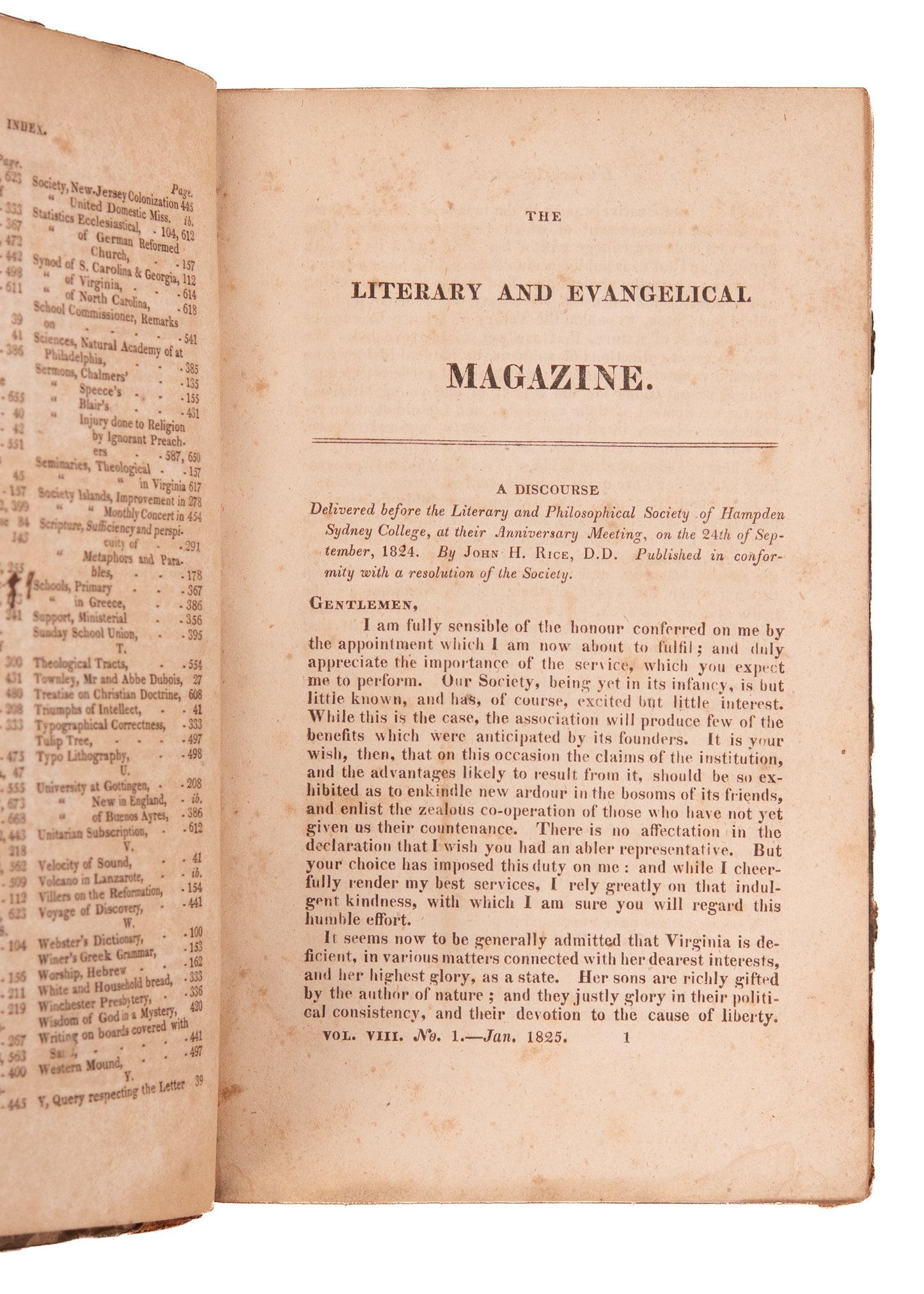 1825 VIRGINIA PRESBYTERIAN MAG. Revivalism, Southern Presbyterians and Slavery, Native Americans.