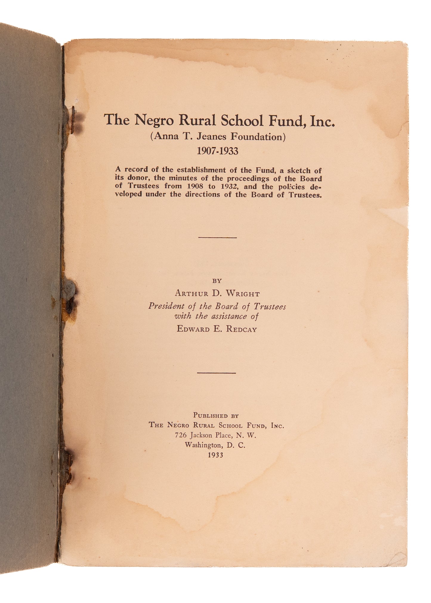 1933 BOOKER T WASHINGTON &c. The Negro Rural School Fund. Record of Its History and Activities. Rare.