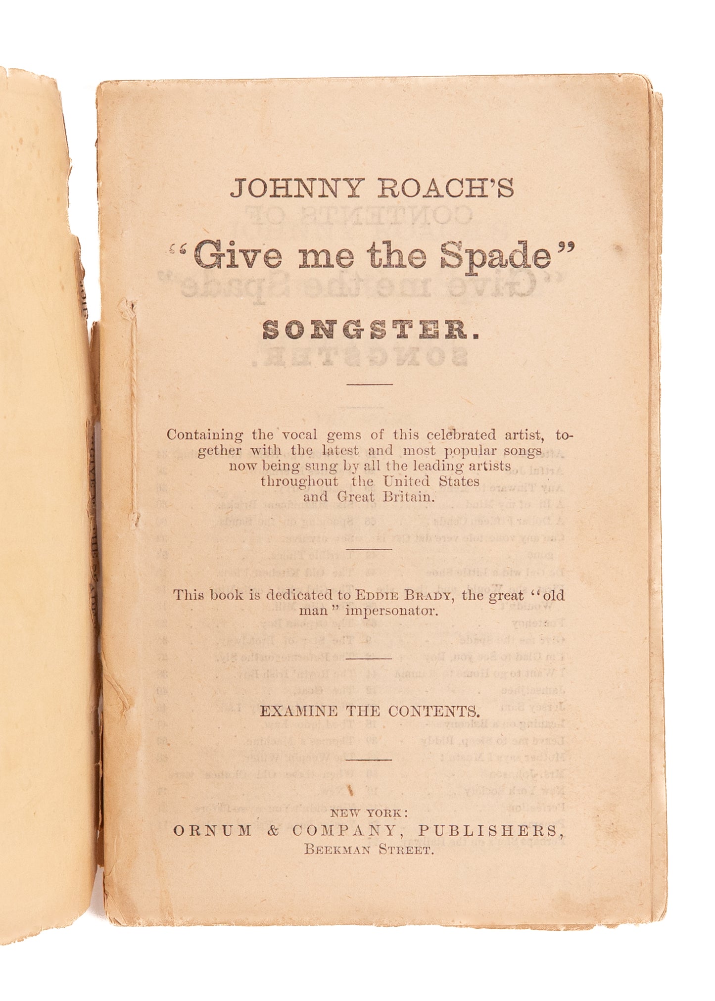 1875 JOHNNY ROACH'S SONGSTER. Rare Songster with Immigrant, Temperance, & Mormon Songs.