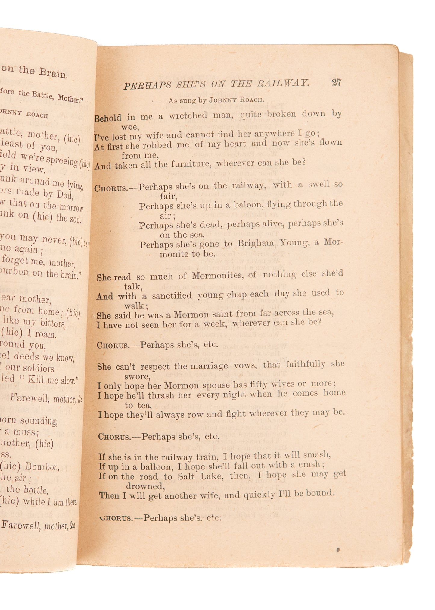 1875 JOHNNY ROACH'S SONGSTER. Rare Songster with Immigrant, Temperance, & Mormon Songs.