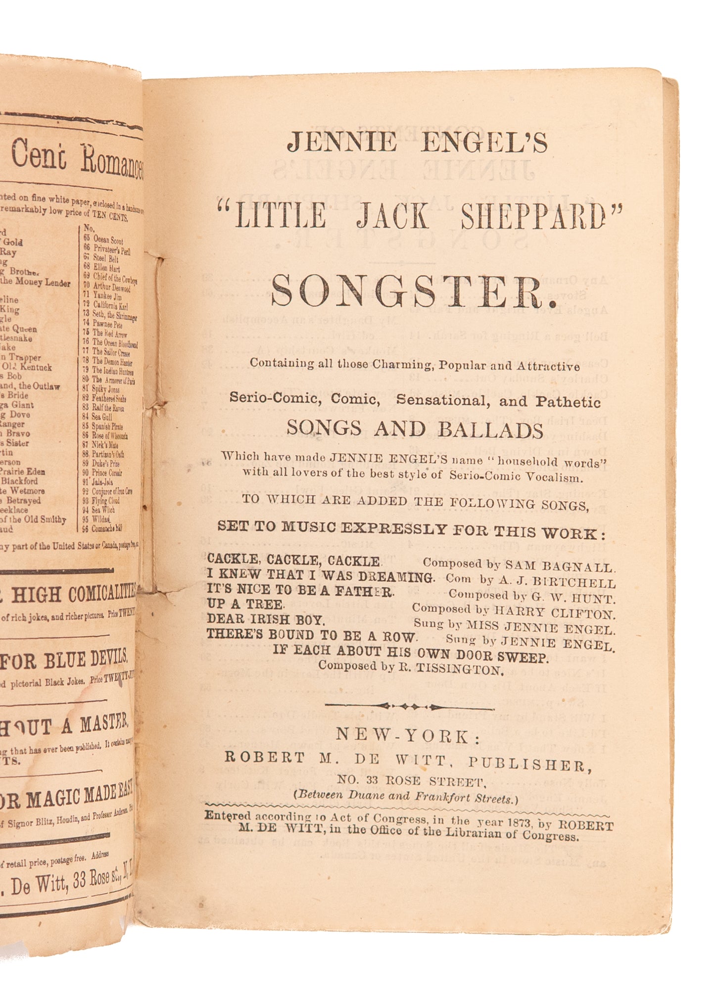 1873 JENNIE ENGEL'S SONGSTER. Immigrant, Romance, and Bawdy Songs. Rare.