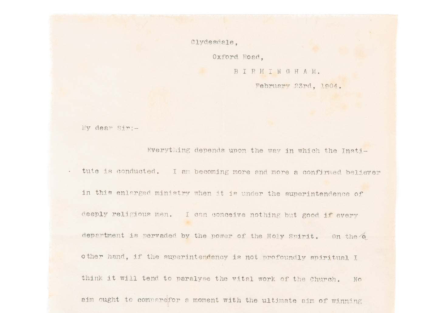 1904 J. H. JOWETT. 1p. TLS on the Power of the Spirit and Primary Work of Evangelism.