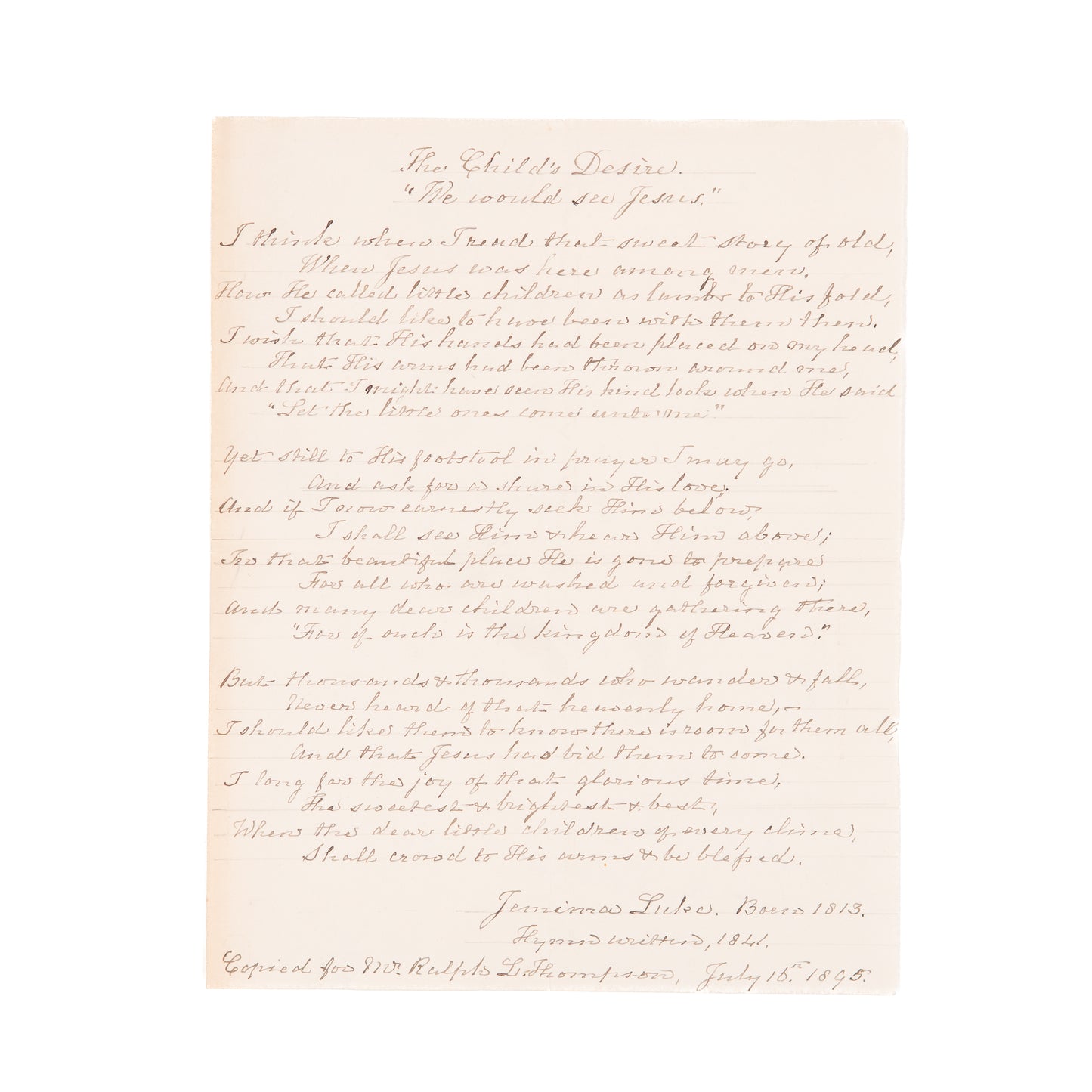 1841 JEMIMA LUKE. Manuscript of Classic Hymn, "I think when I read the sweet story of old."