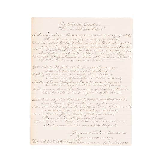 1841 JEMIMA LUKE. Manuscript of Classic Hymn, "I think when I read the sweet story of old."