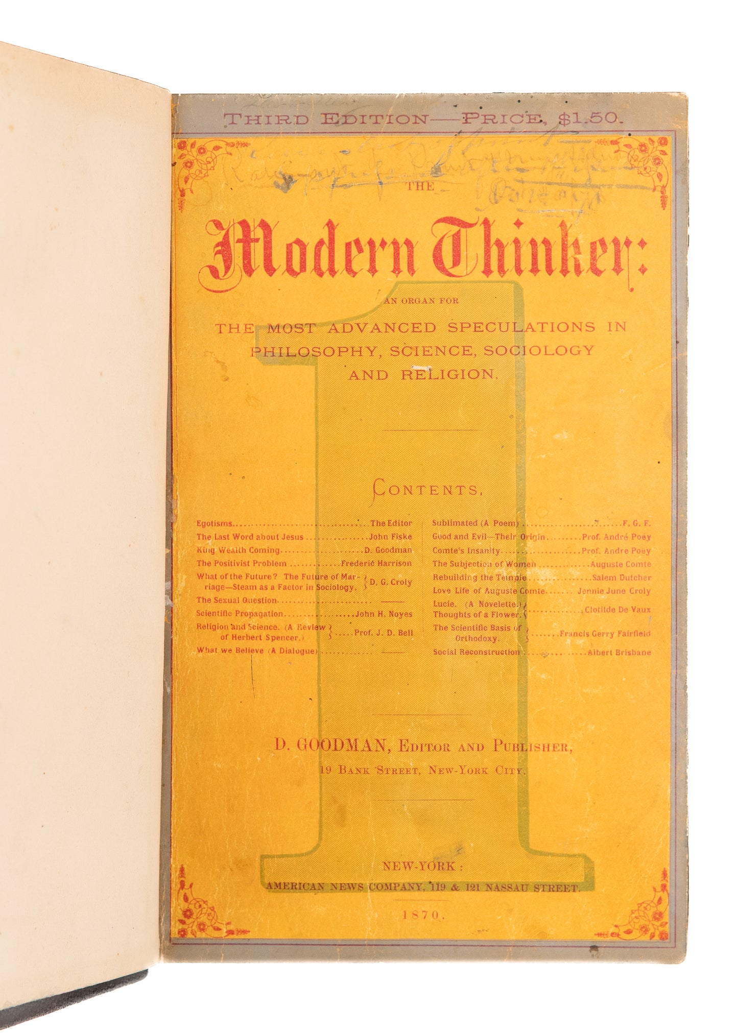1870 & 1873 D. GOODMAN [ED.]. The Modern Thinker. Rare Radical Free Love, Socialist, etc.