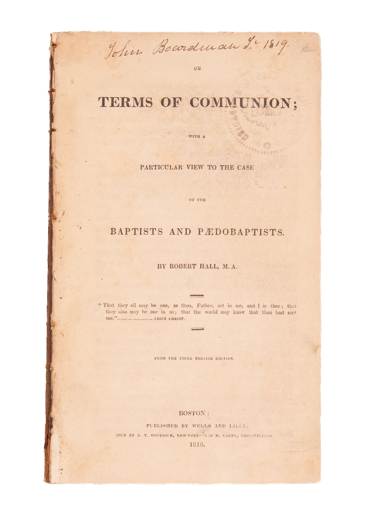 1816 ROBERT HALL. First American Edition - Terms of Communion between Baptists and Paedobaptists.