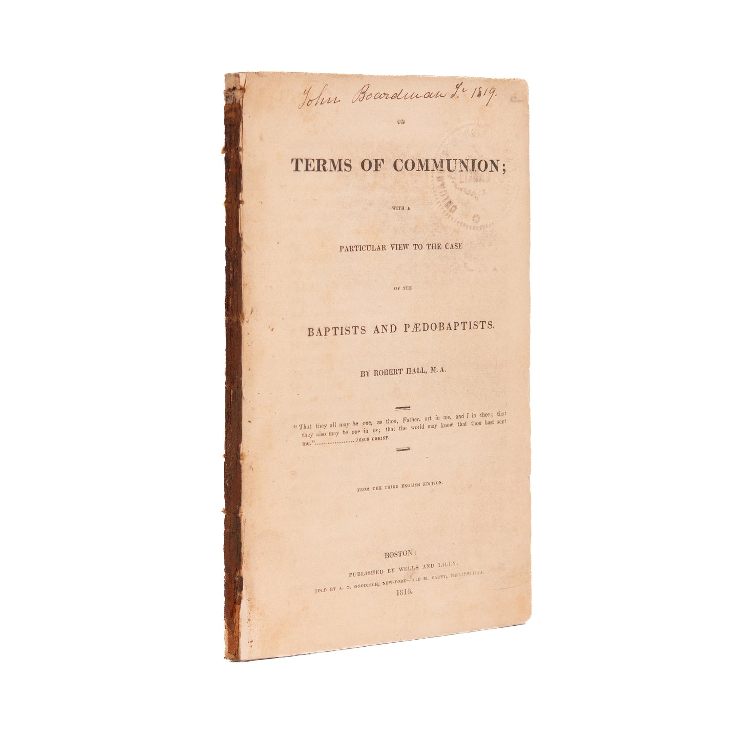 1816 ROBERT HALL. First American Edition - Terms of Communion between Baptists and Paedobaptists.
