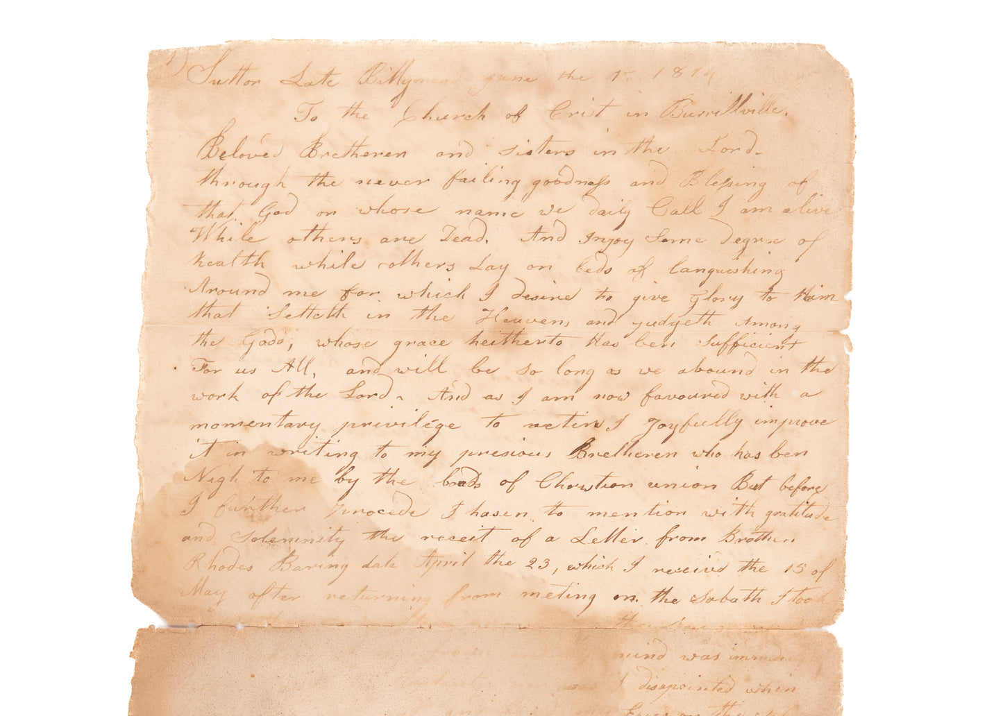 1814 JOHN COLBY. Exceptional Unpublished Letter by Freewill Baptist Revivalist