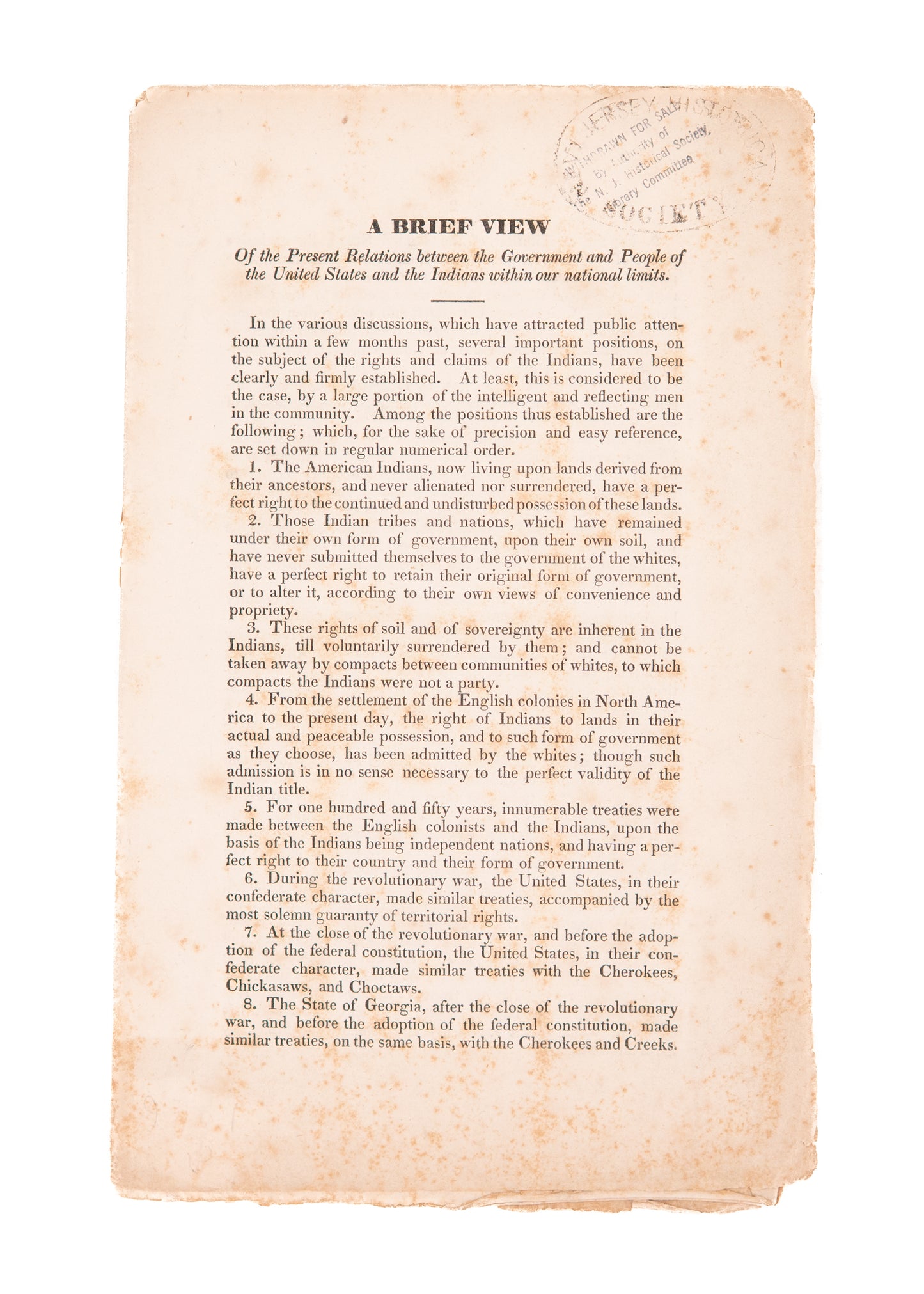 1829 INDIAN REMOVAL ACT. Rare Defense of Native American Rights against Federal Hostilities.