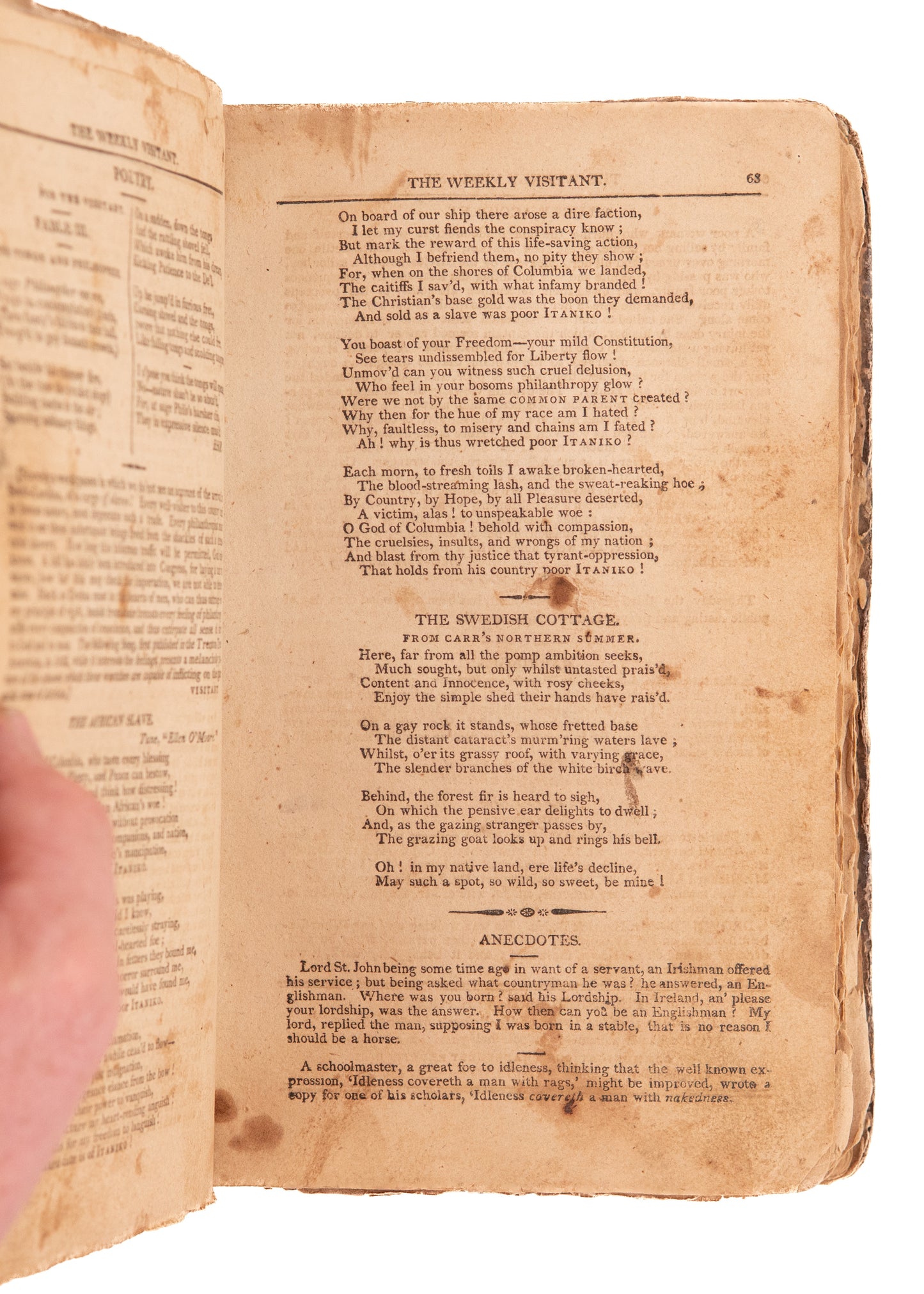 1806 WEEKLY VISITANT. Slavery, Hauntings, Emigrants, Pirate Massacre, Original Poems, &c.