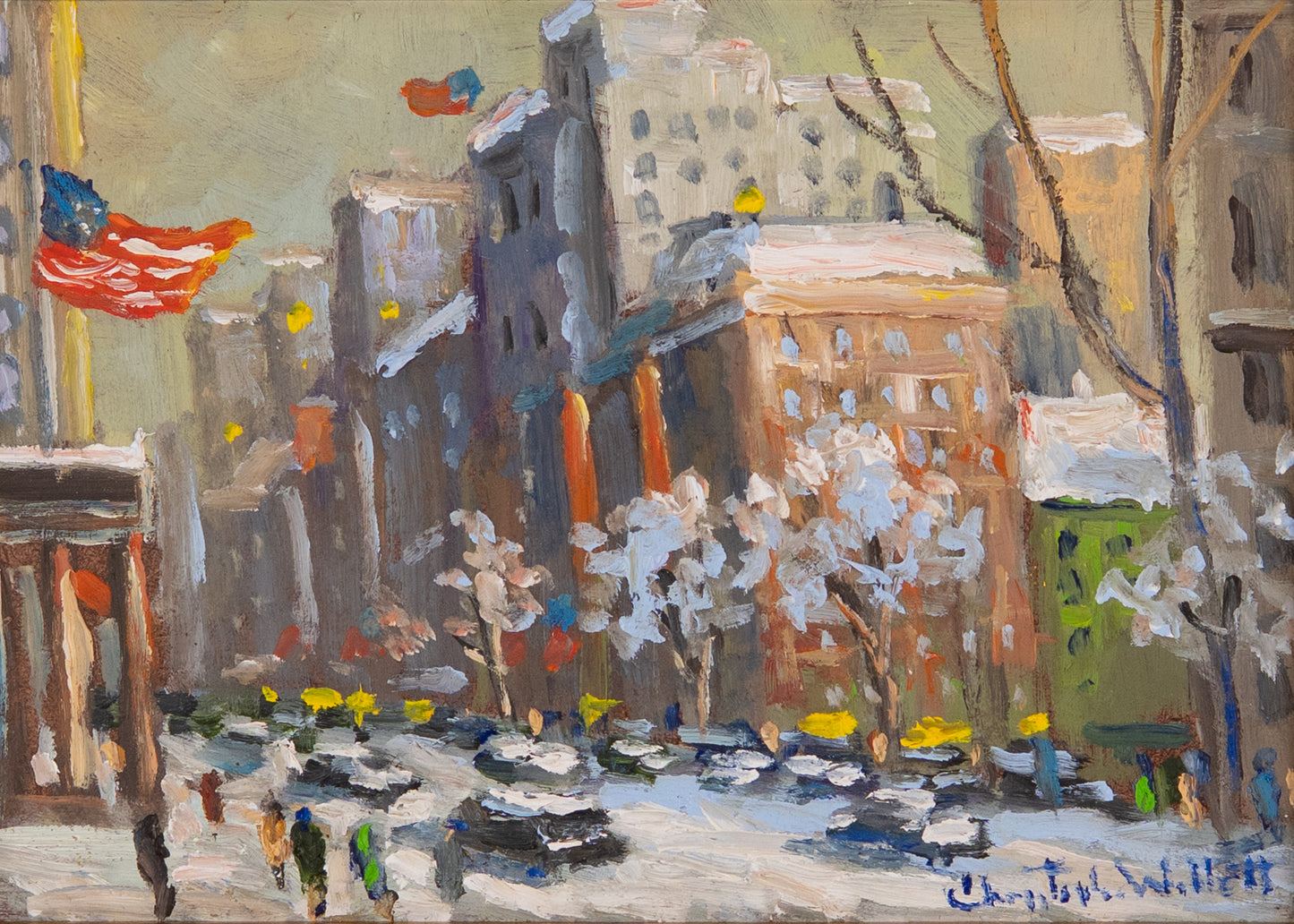 2020 UPTOWN NEW YORK CITY IN SNOW. Charming Homage to Guy Carleton Wiggins by Impressionist, Christopher Willett