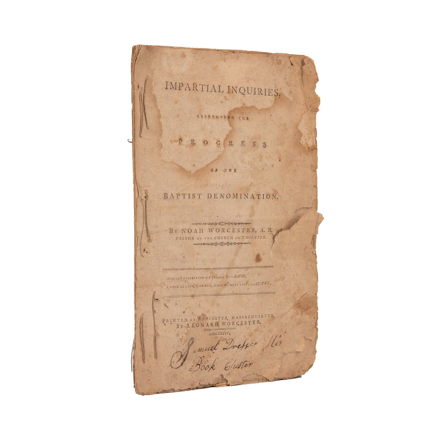 1794 NOAH WORCESTER. Important Early History of the Baptists & Baptist Revival in America.