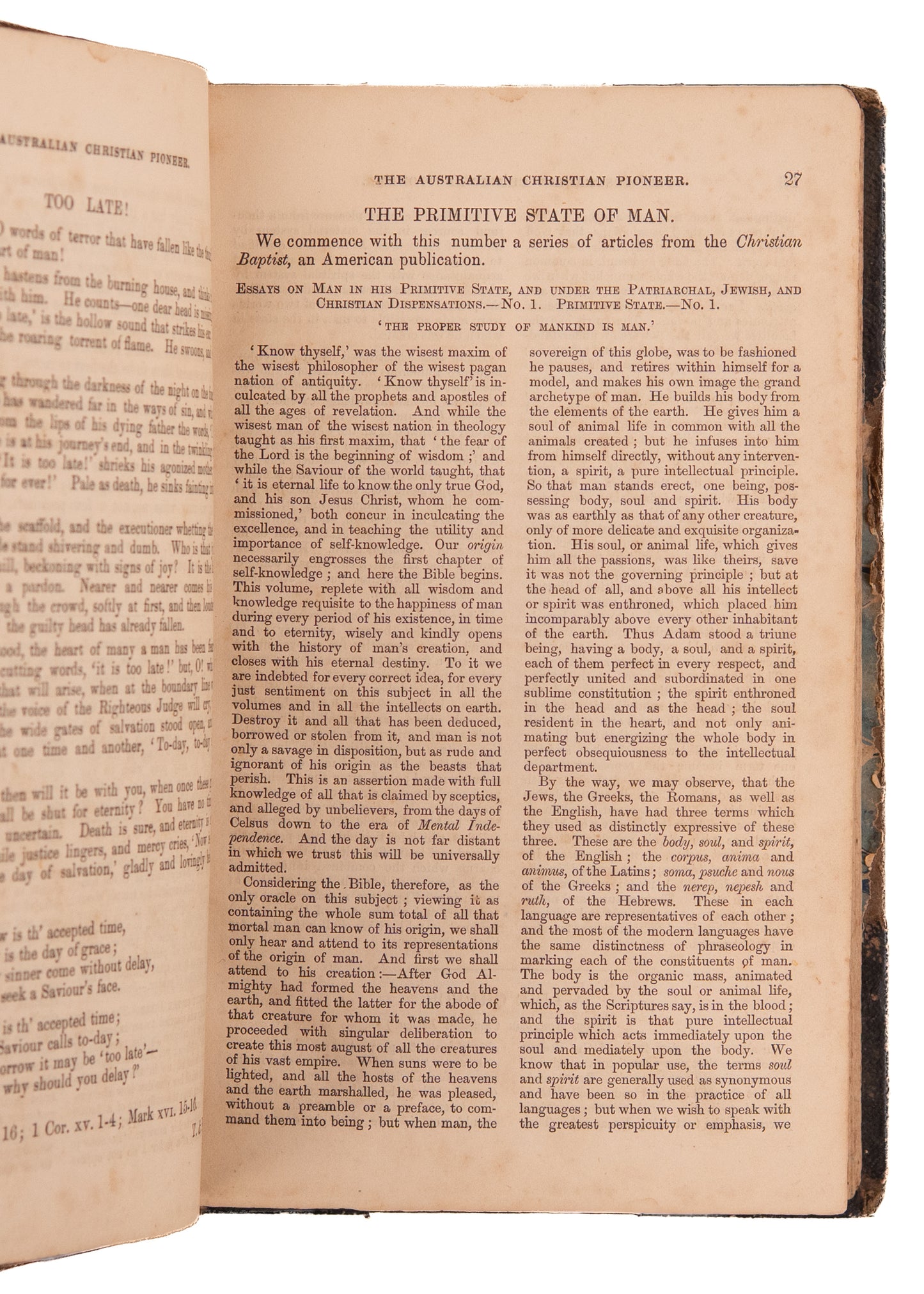 1868-1870 AUSTRALIAN CHRISTIAN PIONEER. Rare Church of Christ, Disciples of Christ Early Publication.