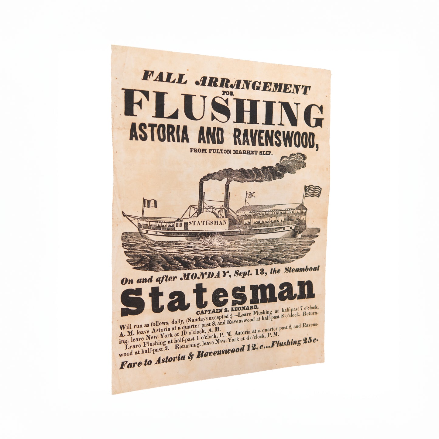 1845 NEW YORK STEAMBOAT. Broadside Reflecting Early Pre-Bridge Transportation in New York, &c.