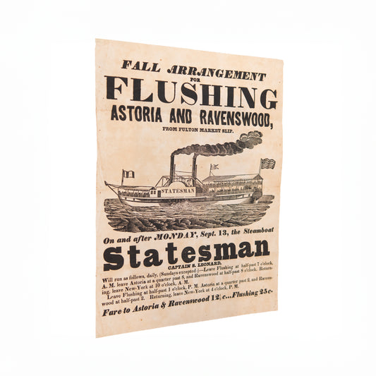 1845 NEW YORK STEAMBOAT. Broadside Reflecting Early Pre-Bridge Transportation in New York, &c.