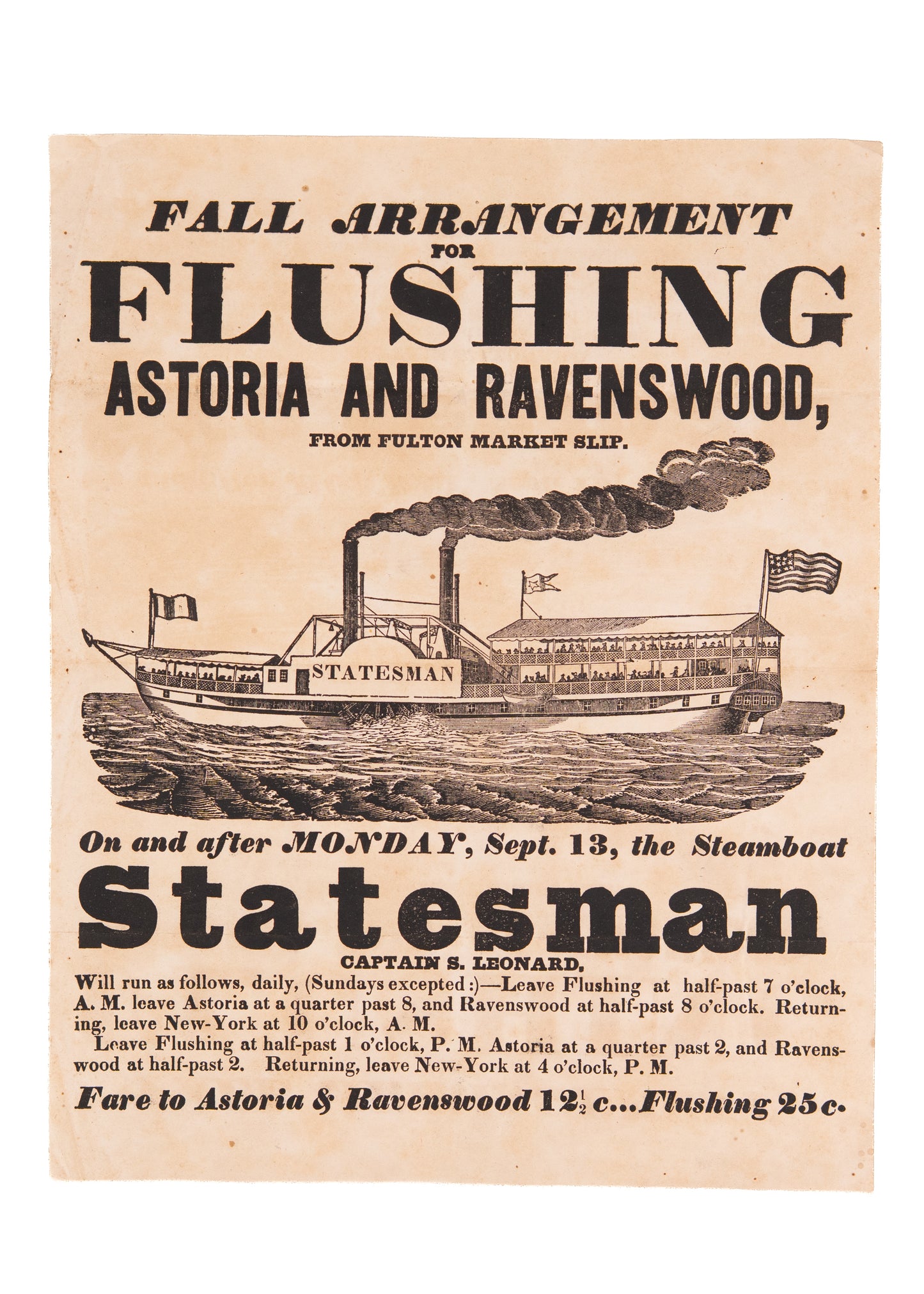 1845 NEW YORK STEAMBOAT. Broadside Reflecting Early Pre-Bridge Transportation in New York, &c.