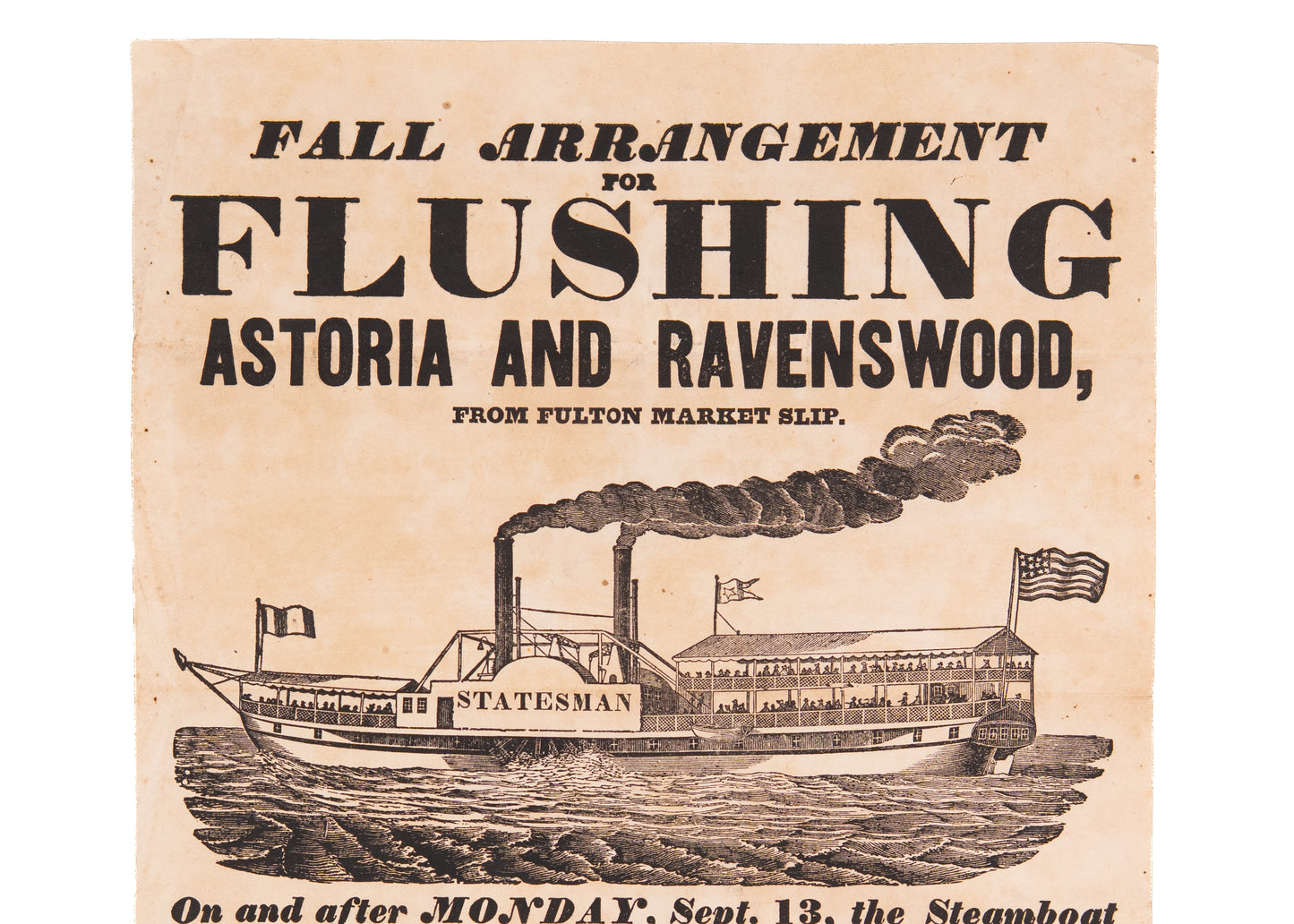 1845 NEW YORK STEAMBOAT. Broadside Reflecting Early Pre-Bridge Transportation in New York, &c.