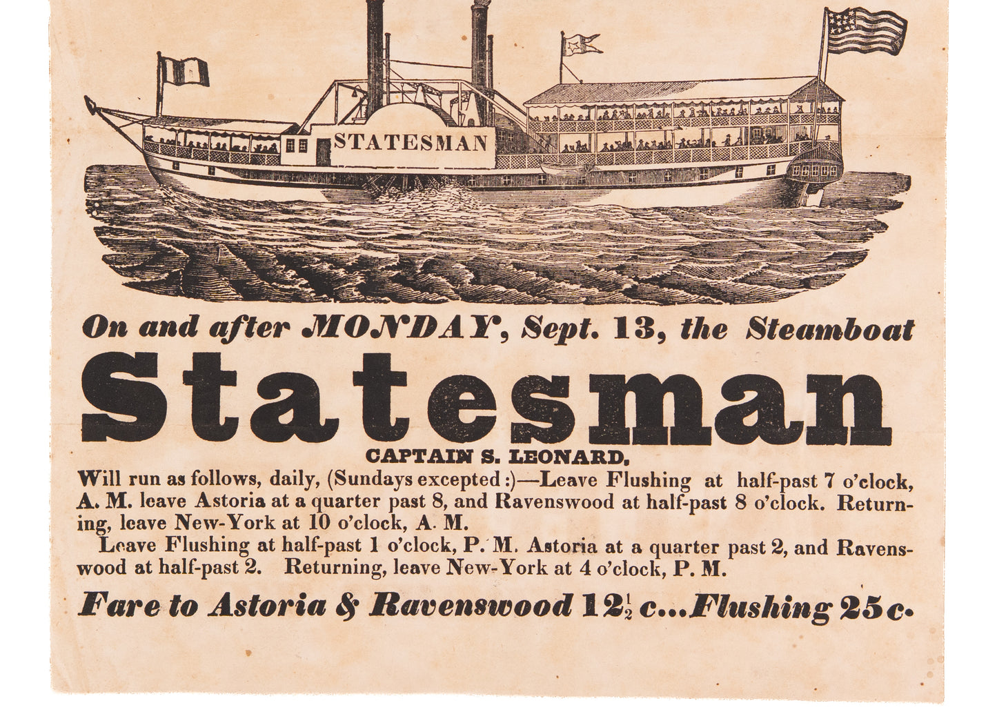 1845 NEW YORK STEAMBOAT. Broadside Reflecting Early Pre-Bridge Transportation in New York, &c.