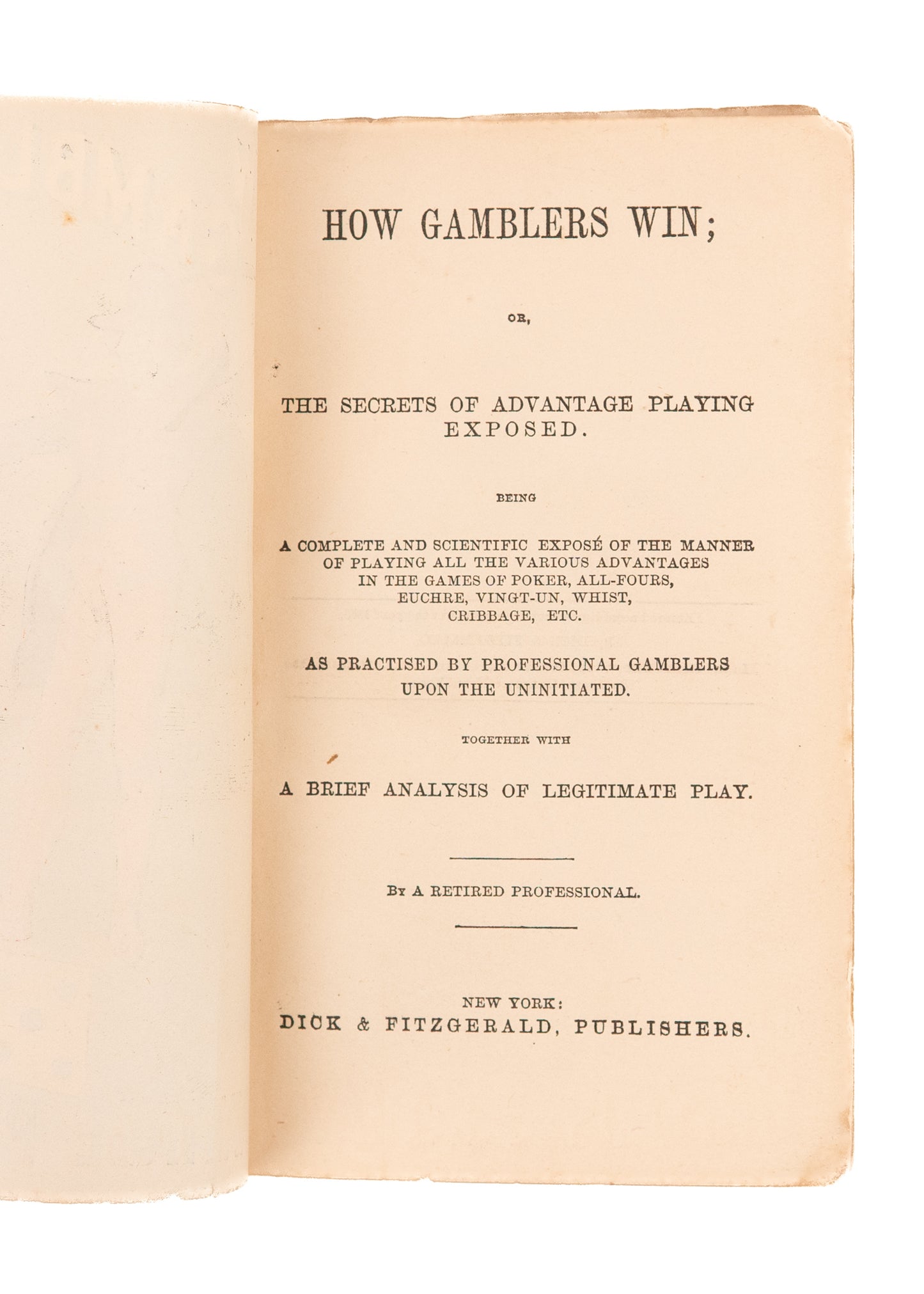 1868 GERRITT EVANS. How Gamblers Win. One of the Earliest Books on "Advantage" Gambling.