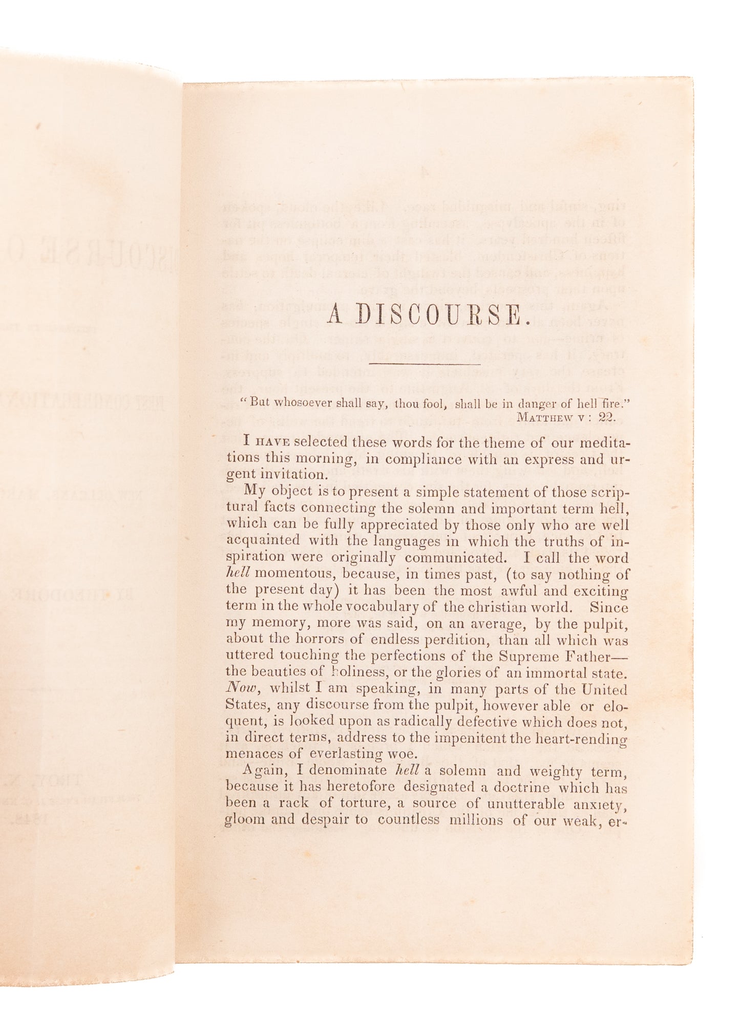 1848 THEODORE CLAPP. A Discourse on Hell. Rare New Orleans Presbyterian Goes "Conditional Immortality"