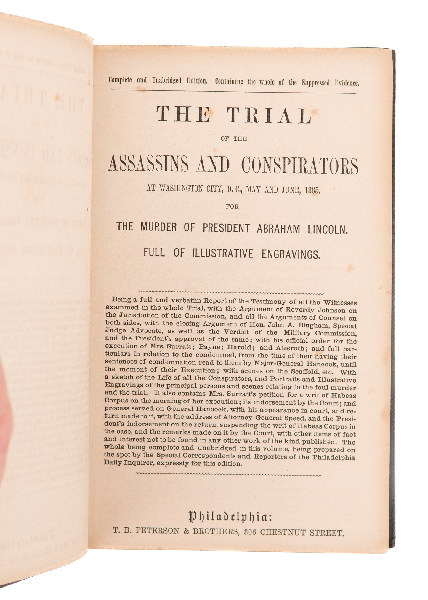 1865 ABRAHAM LINCOLN. The Trial of the Assassins and Conspirators of President Lincoln.