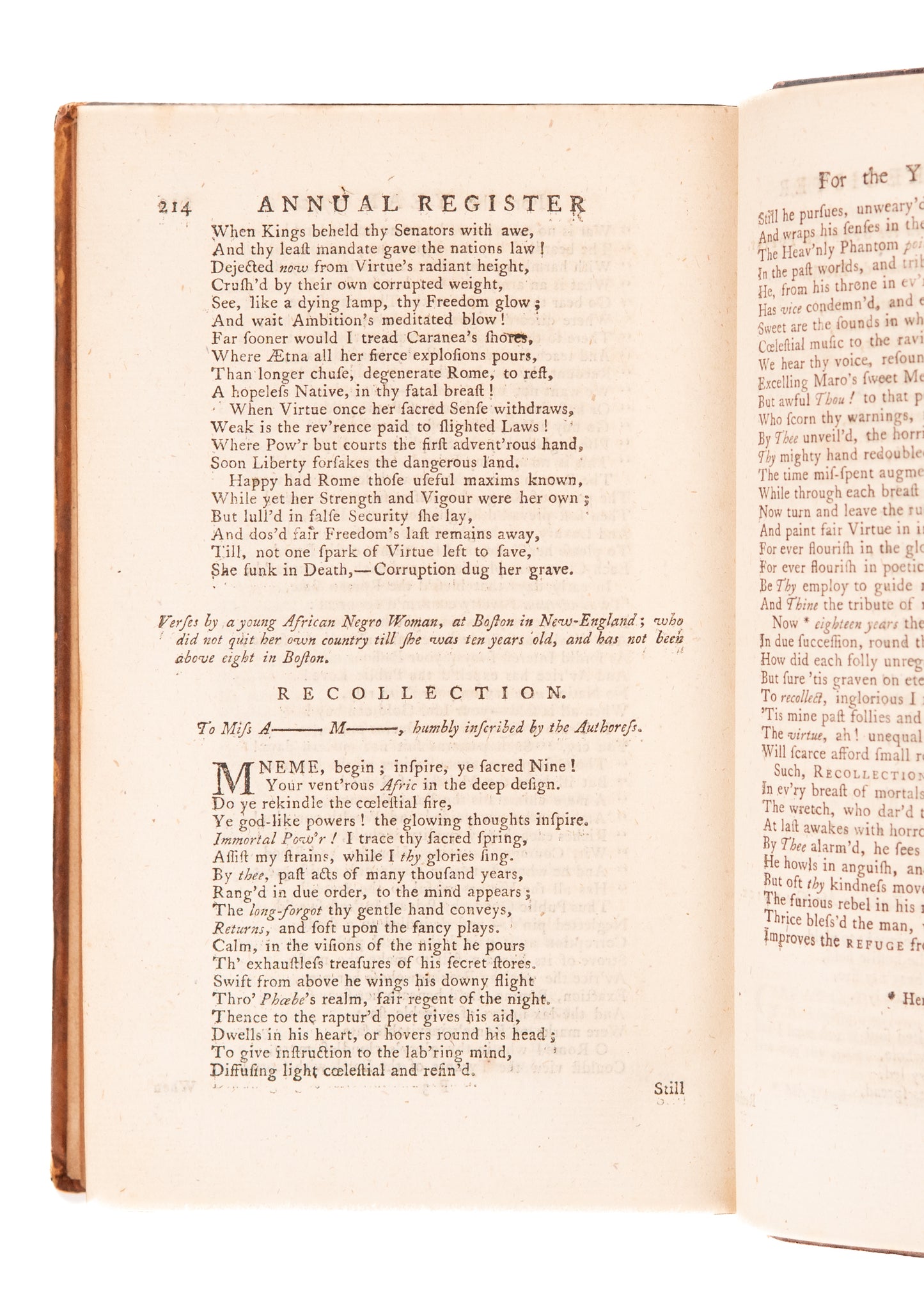 1772 PHILLIS WHEATLEY. First Edition of "On Recollection" and Her First Published Poem.