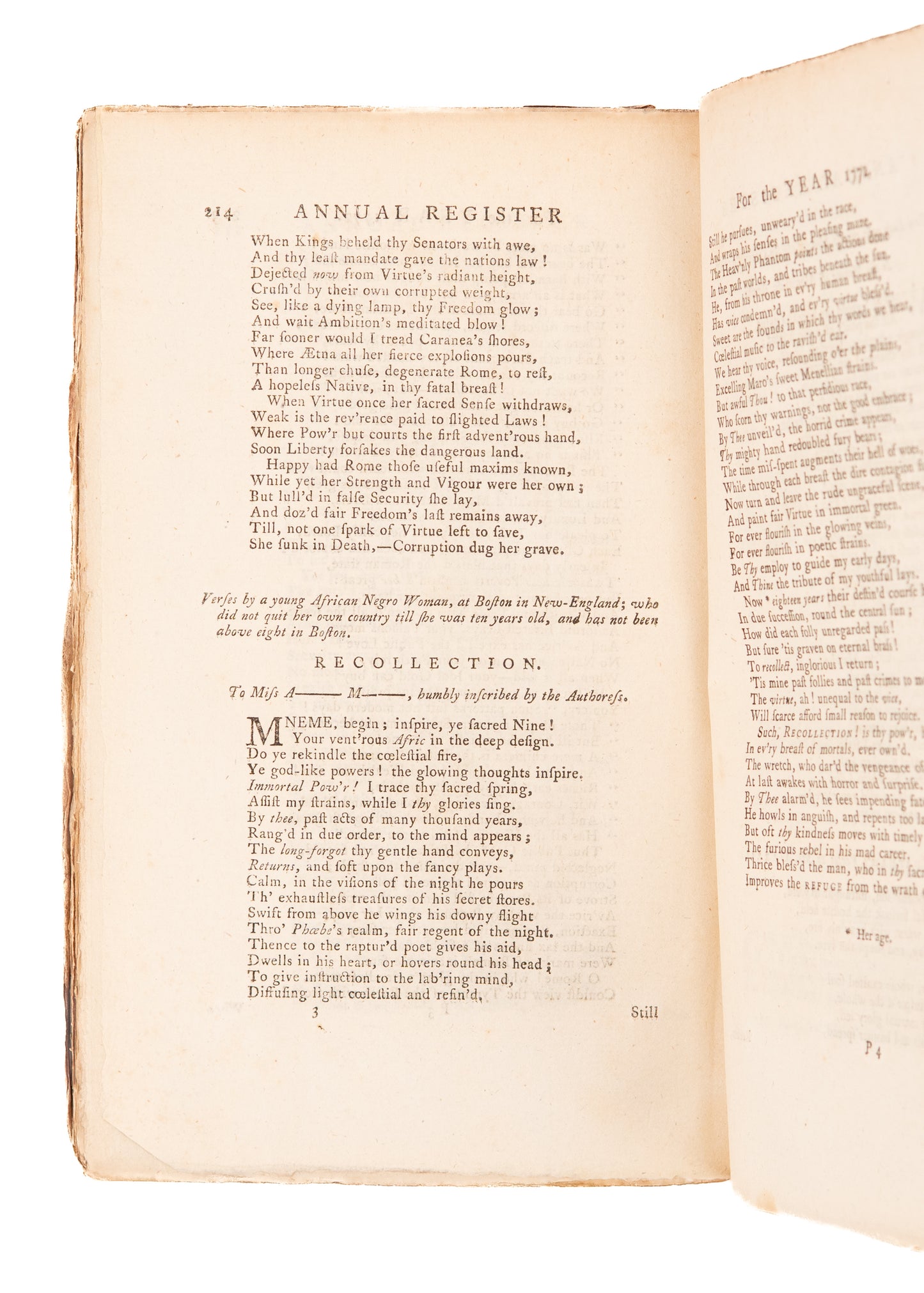 1772 PHILLIS WHEATLEY. First Edition [3rd Print] of "On Recollection" and Her First Published Poem.