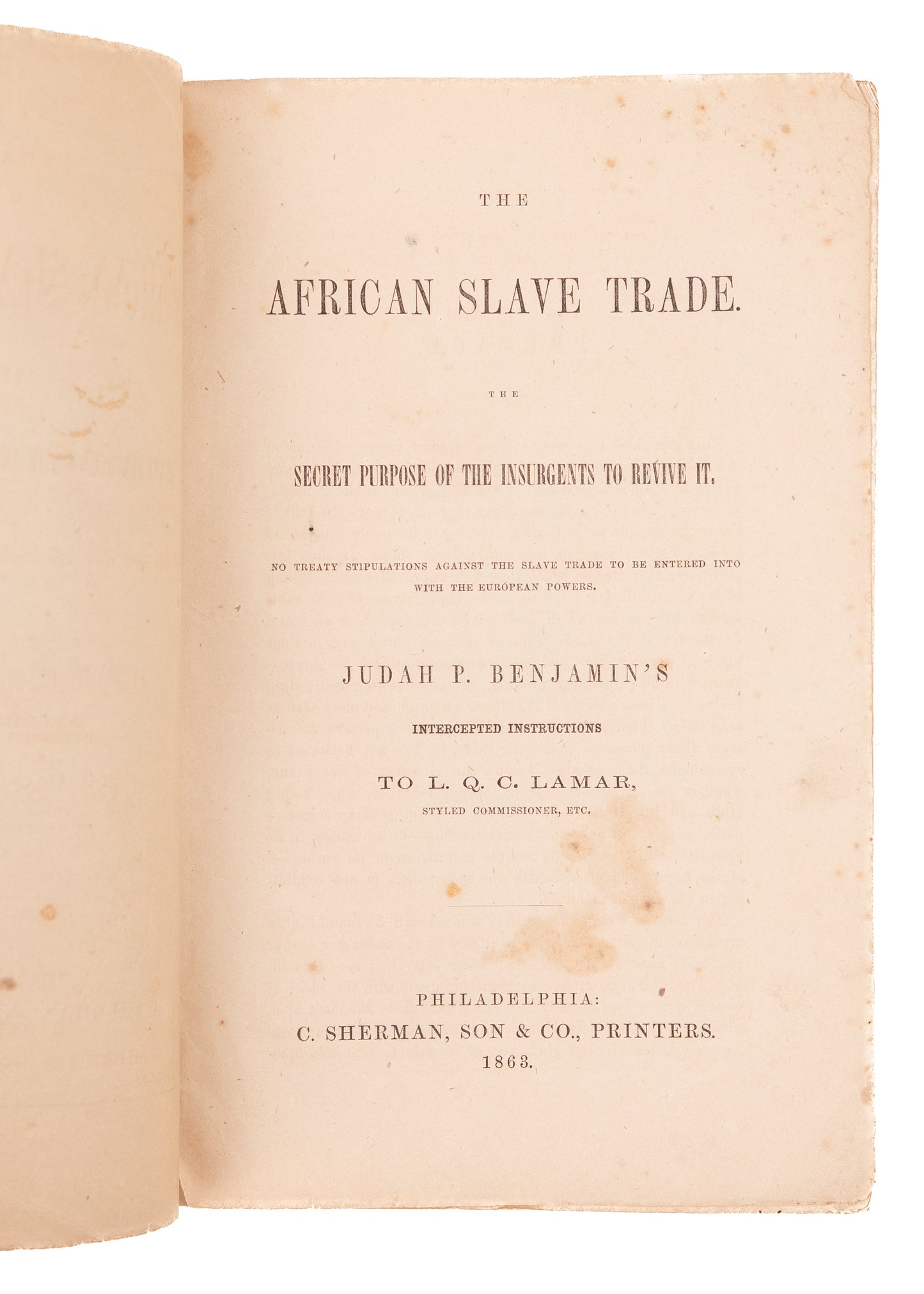 1863 JUDAH P. BENJAMIN. Rare "Jewish" Confederate Plot to Preserve Southern Slavery.