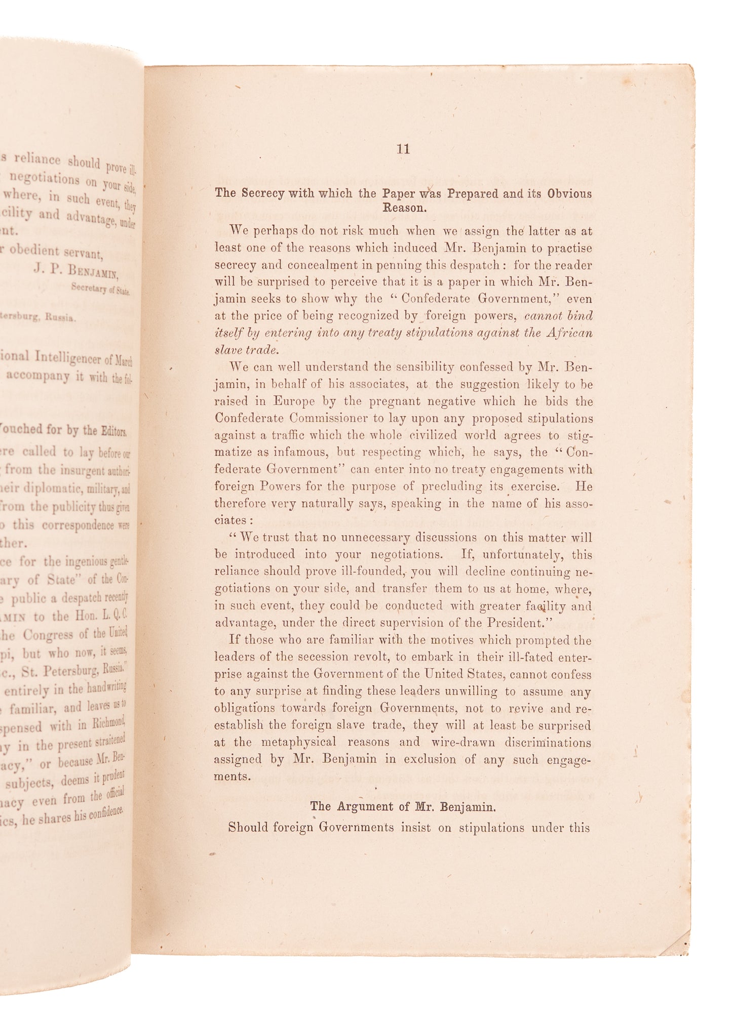 1863 JUDAH P. BENJAMIN. Rare "Jewish" Confederate Plot to Preserve Southern Slavery.