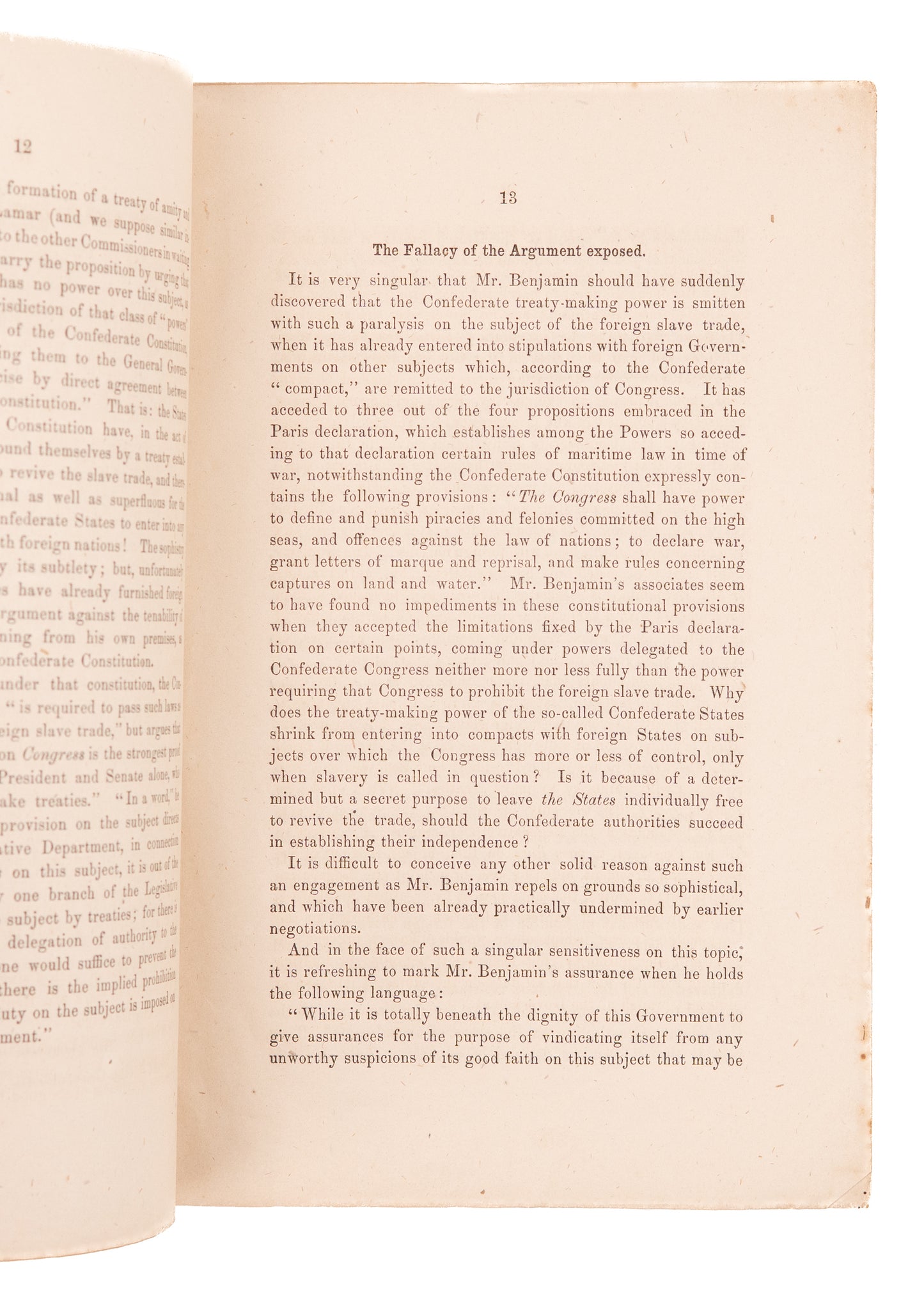 1863 JUDAH P. BENJAMIN. Rare "Jewish" Confederate Plot to Preserve Southern Slavery.