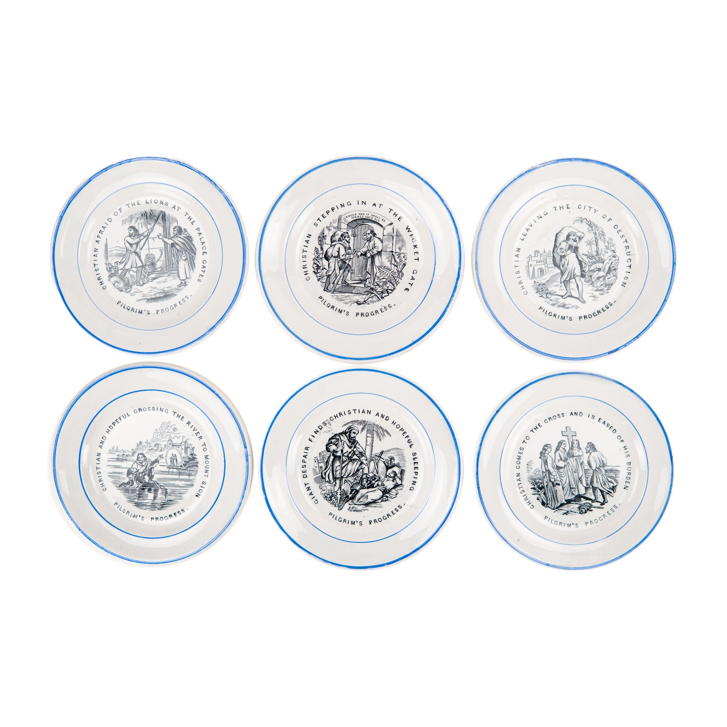 1881 JOHN BUNYAN. Suite of Six Children's Transfer Ware Plates for Teaching the Young.