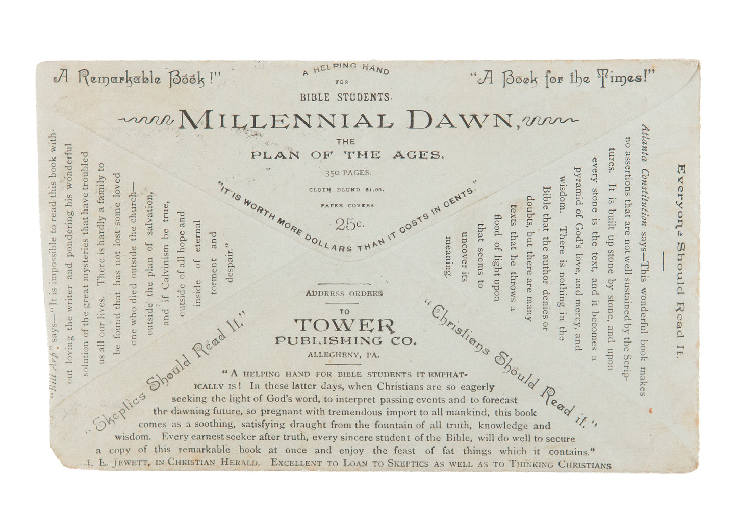 1896 MILLENNIAL DAWN. Rare Advertising Envelope for Millennial Dawn - Watch Tower.