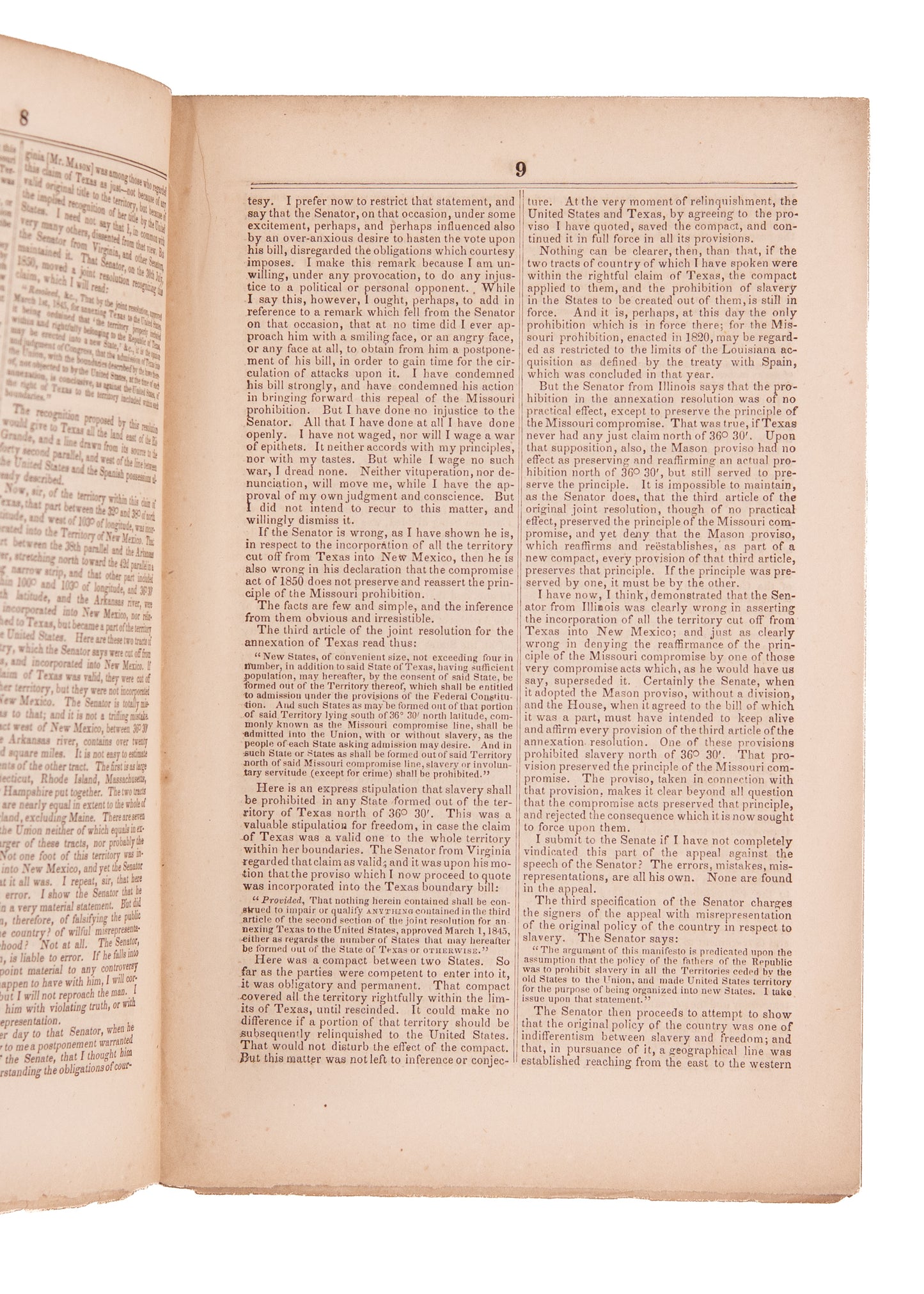 1854 MISSOURI COMPROMISE - SLAVERY. Solomon P. Chase Against the Repeal of the Missouri Slavery Prohibition.
