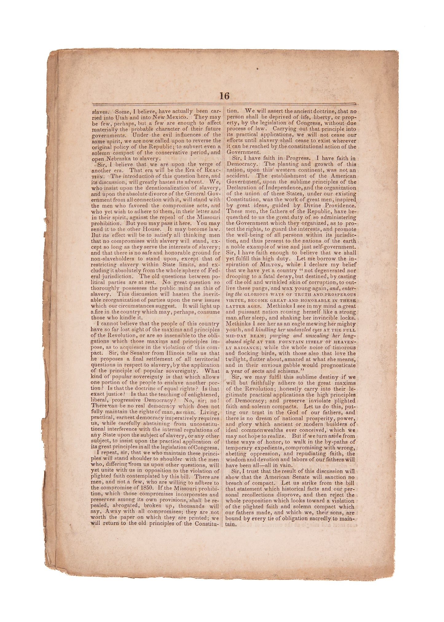 1854 MISSOURI COMPROMISE - SLAVERY. Solomon P. Chase Against the Repeal of the Missouri Slavery Prohibition.