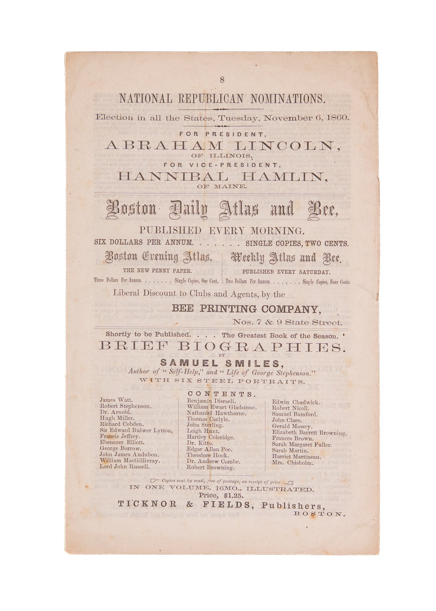1860 ABRAHAM LINCOLN. Wilson Argues Abolition of Slavery is "the" Moral Issue of Abraham Lincoln Election.