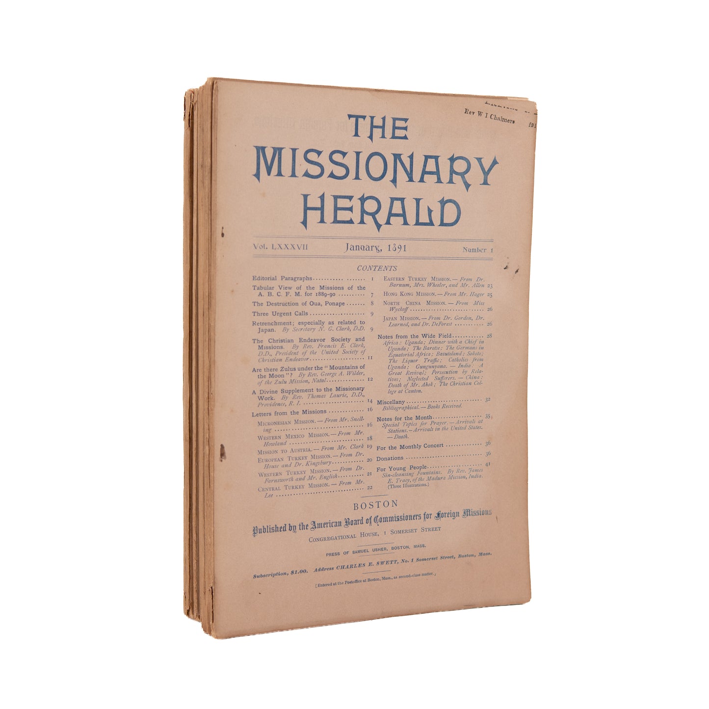 1891 THE MISSIONARY HERALD. Complete Year Hawaii, China, Religious Revivals, Islamic Missions, &c.