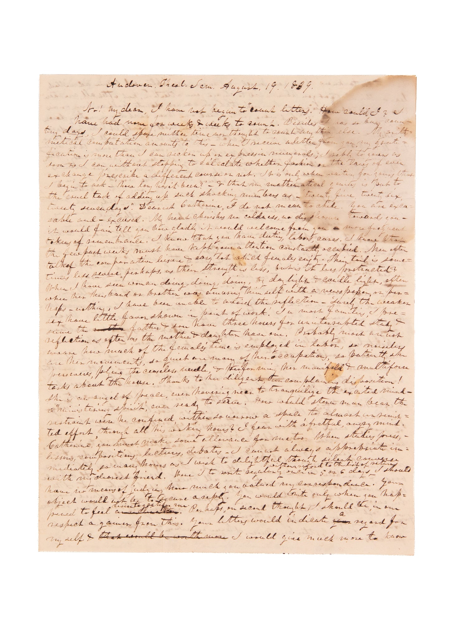1839 WOMEN'S PLIGHT. Andover Seminary Student on Right to Independent Thought and Education.